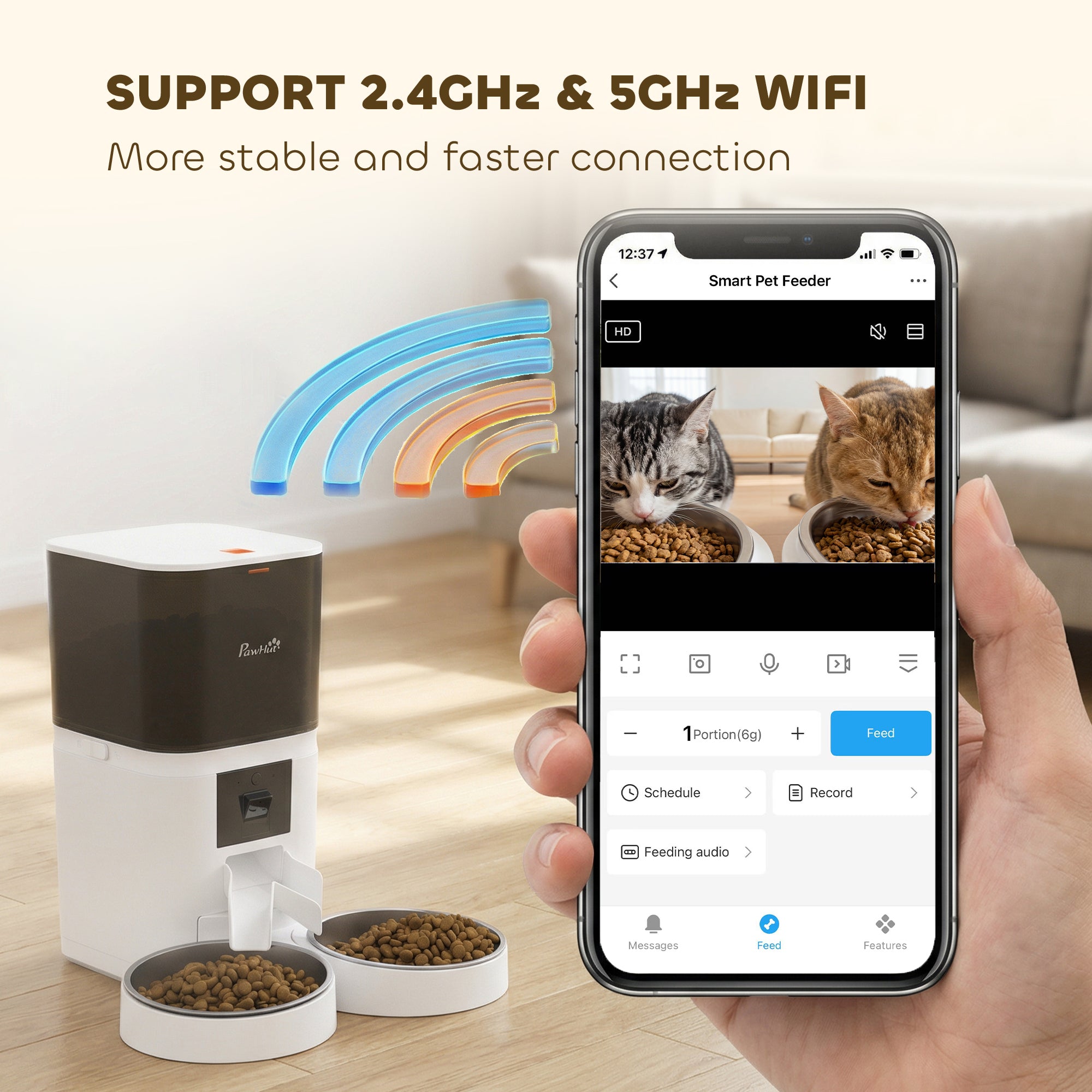 Distributeur automatique de nourriture pour 2 chats avec caméra HD, Wi-Fi 2,4G et 5G, capacité de 6 l, contrôle par application