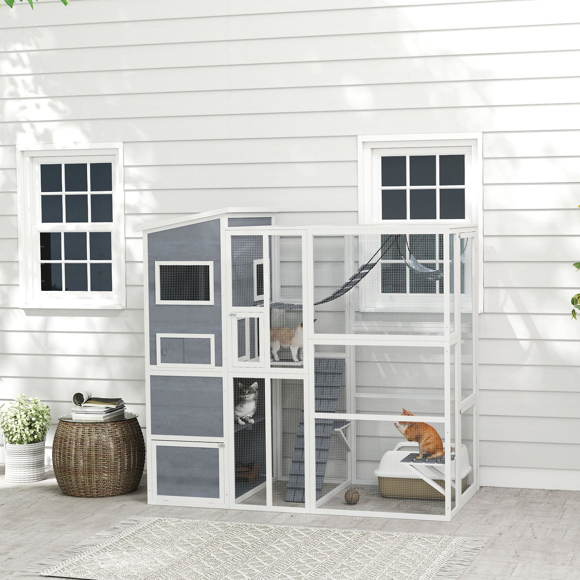 76" Catio Outdoor Cat Enclosure with Cat Condo, Jumping Platforms, Ladder, Ramps, Hammock for 2-3 Indoor Cats, Grey
