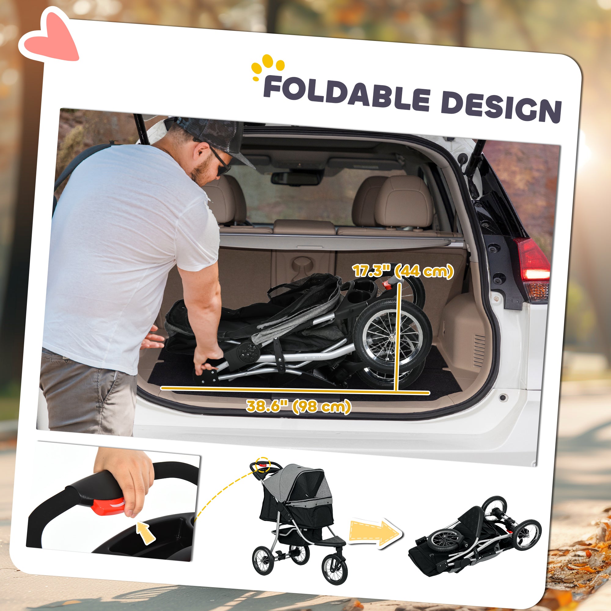 Small Dog Stroller, 3-Wheel Foldable Pet Stroller with Adjustable Canopy and Zippered Mesh Door for Pet Owners, Grey