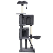 63 Inch Cat Tree with Sisal Scratching Posts, Condos, Plush Perches, Hammock, Ladder, Dangling Balls, Dark Grey