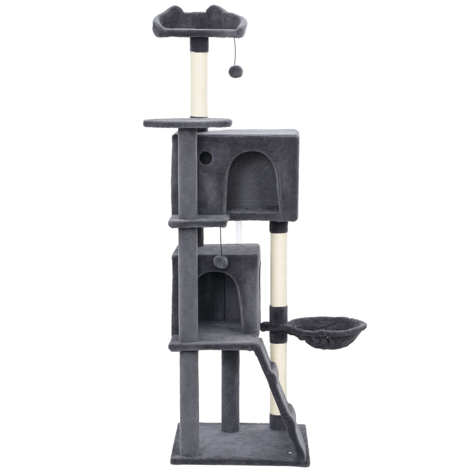 63 Inch Cat Tree with Sisal Scratching Posts, Condos, Plush Perches, Hammock, Ladder, Dangling Balls, Dark Grey