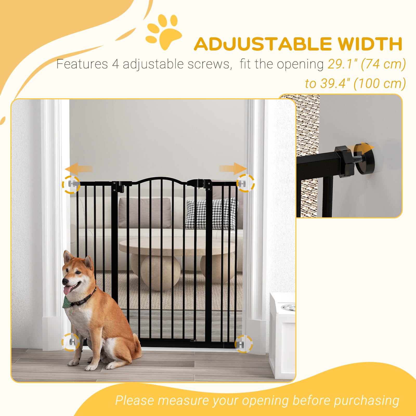 Extra Tall Dog Gate with Door, Pressure Fit, Auto Close, Double Locking for Doorways Hallways Stairs, 29"-39", Black