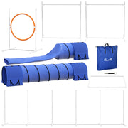 Kit d’agilité pour chien de 7 pièces avec tunnels, poteaux de slalom, haies réglables, anneau de saut, boîte de pause, sifflet et sac de transport, bleu