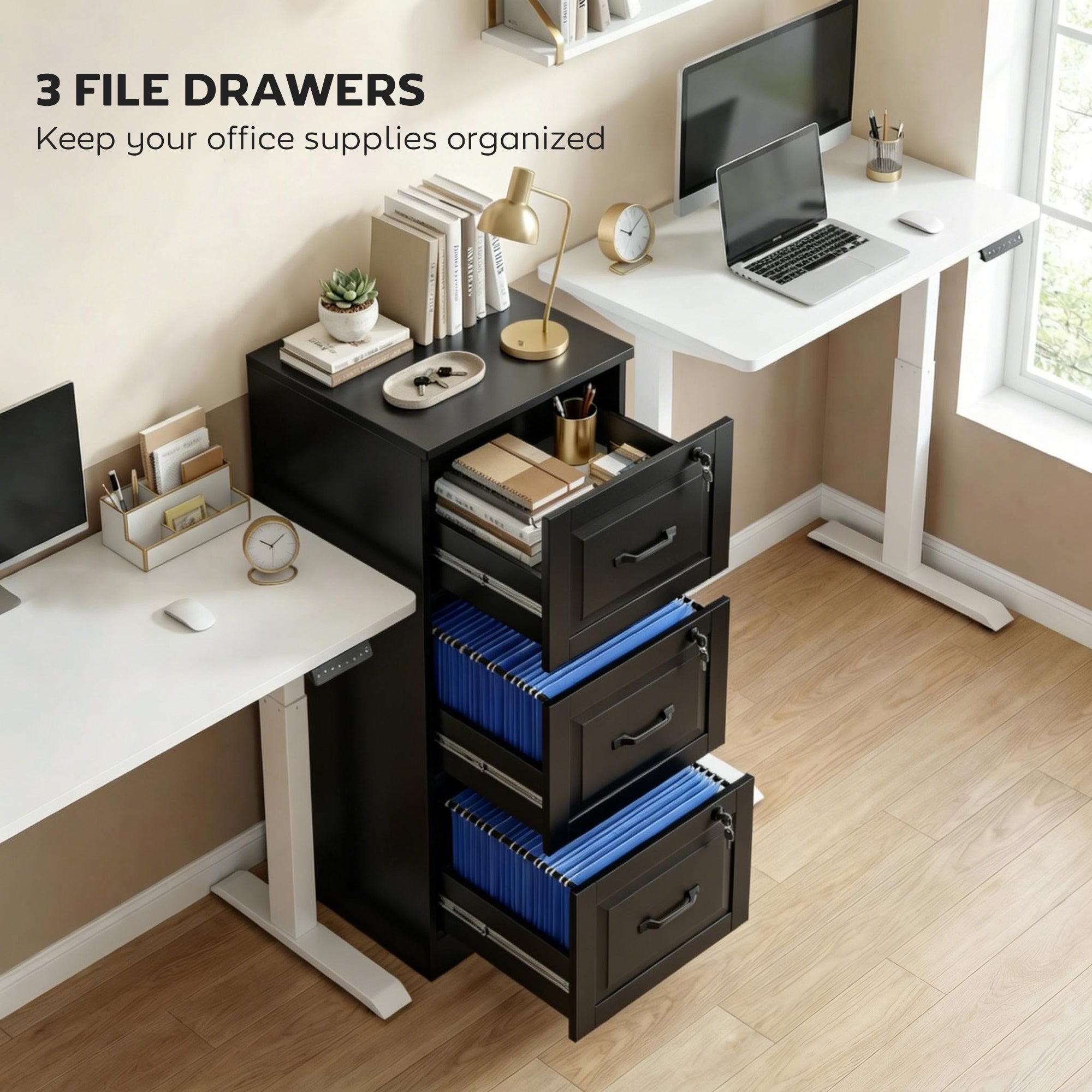 3 Drawer File Cabinet with Lock, Vertical Filing Cabinet with Adjustable Hanging Bars for A4 and Letter Size, Black-Office Products > Office Furniture > Office Cabinets & Cupboards-DECOROLALA
