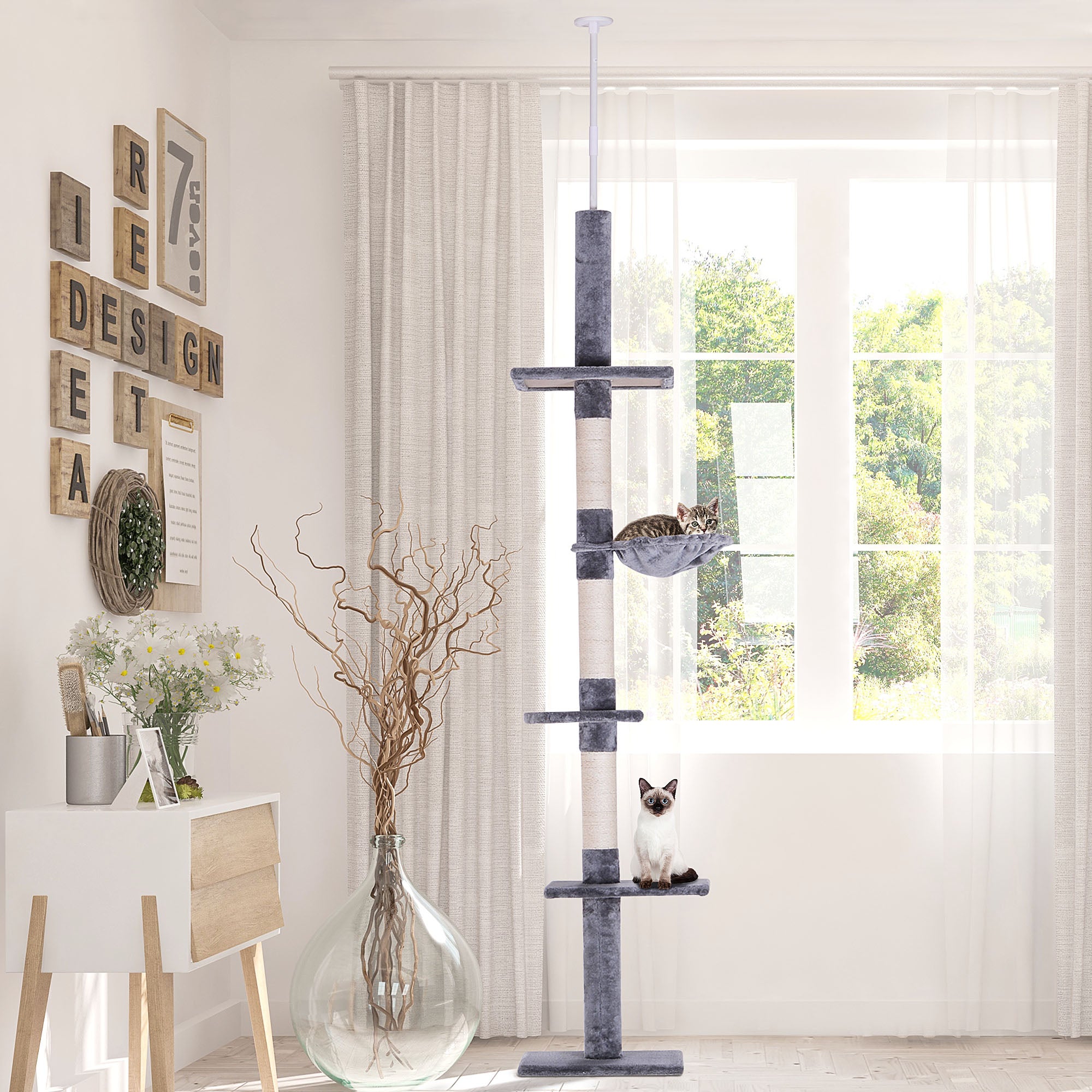 8.5ft Cat Climbing Tree 5-Tier Cat Activity Center Floor-to-Ceiling Cat Climber Toy with Scratching Post Play Rest Post Pet Furniture Grey