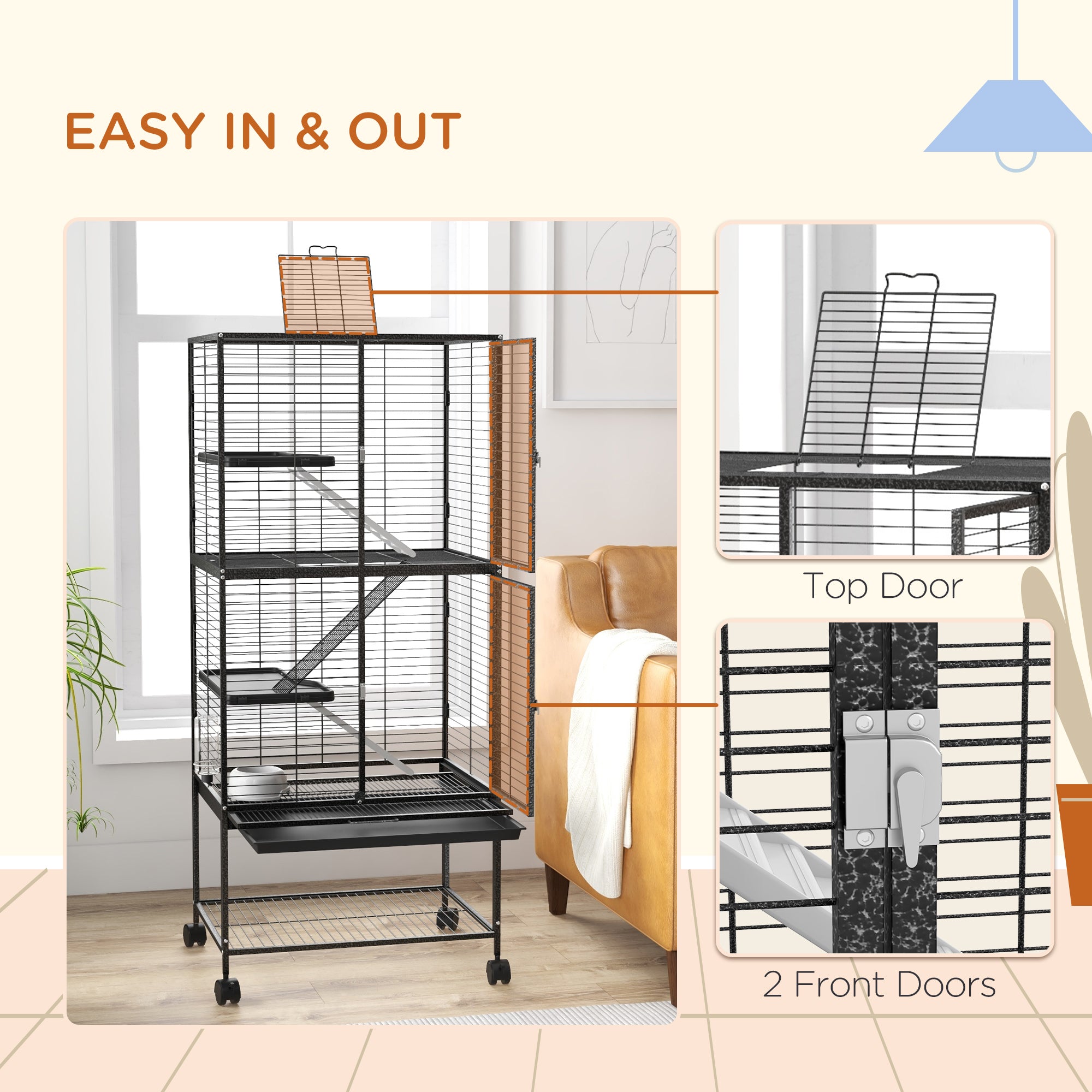 Rolling Small Animal Cage 53.5"H Chinchilla Cage for Ferrets, Squirrels w/ Removable Tray, Storage Shelf, Dark Grey