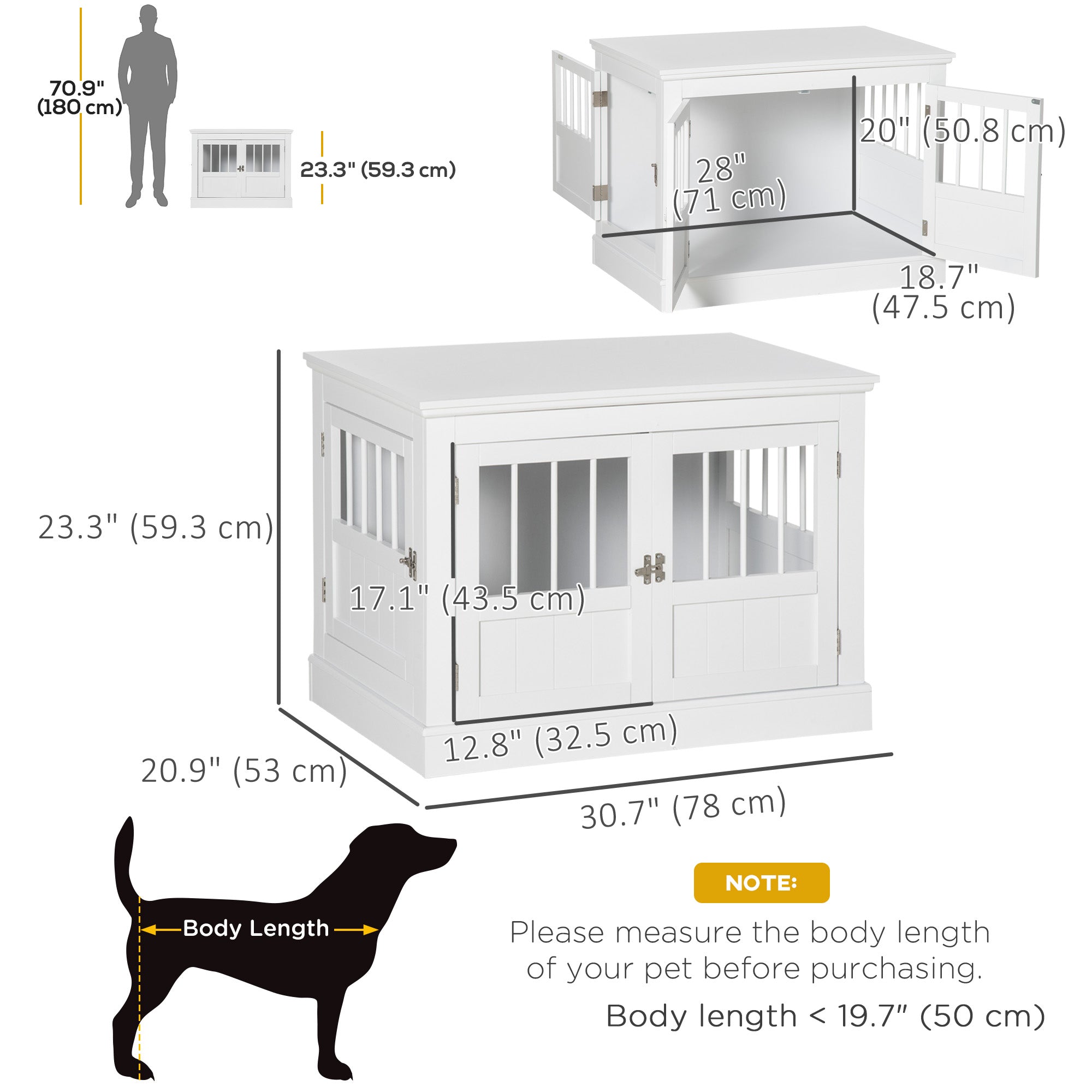 Meuble cage pour chien de 31" servant de table d’appoint à trois portes pour petits chiens, blanc