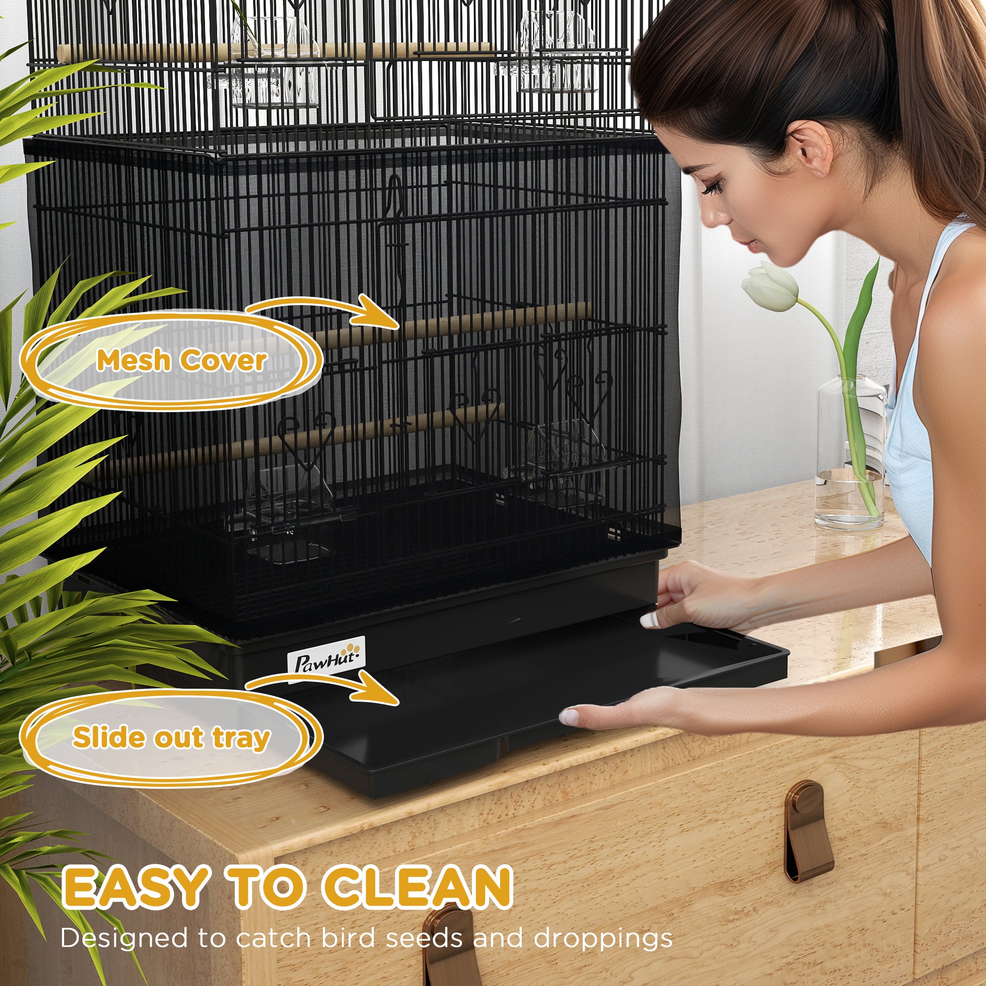 36" Bird Cage with Accessories, Handle, Mesh Cover, Tray, Black