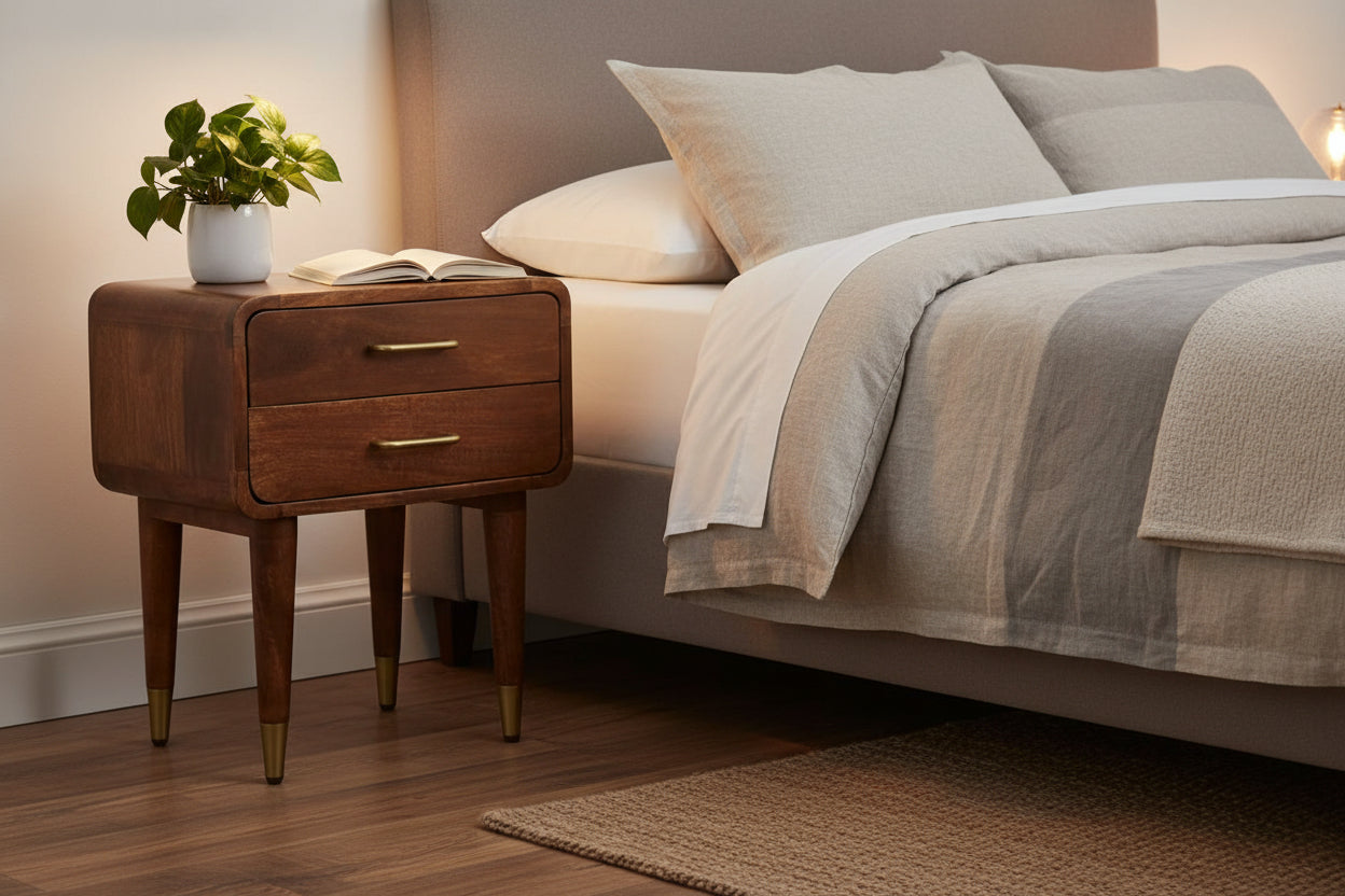 Valenza Two-Drawer Bedside Table - Solid Mango Wood Roasted Almond-Nightstand-DECOROLALA