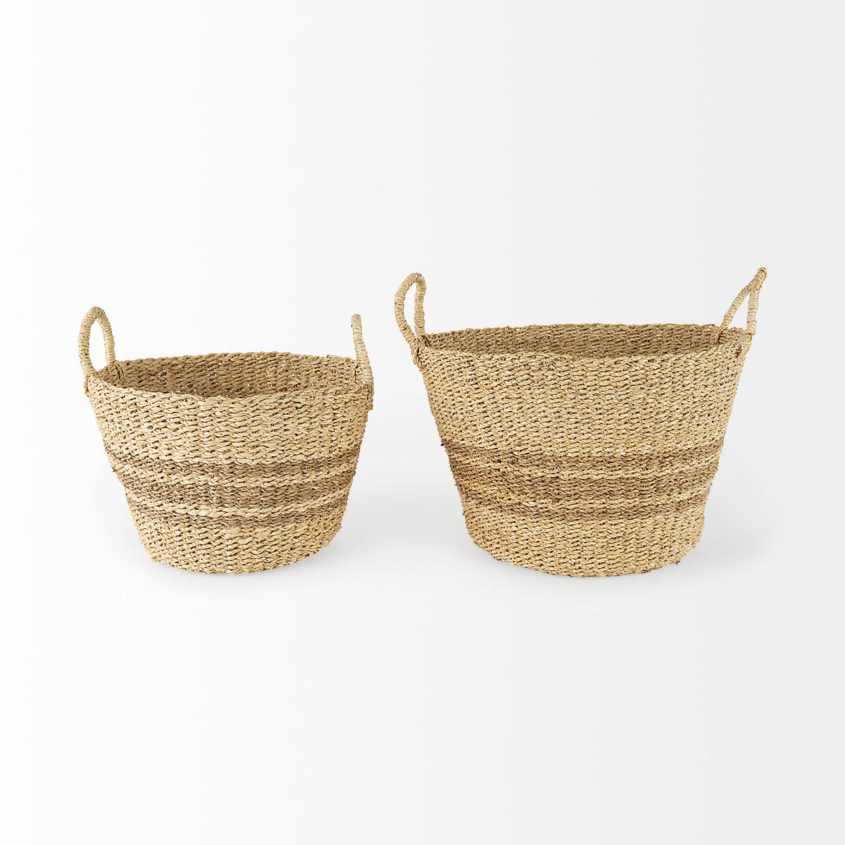 Vance 17.7L x 17.7W x 11.8H Light Brown Palm Leaf and Seagrass Round Basket W/ Handles-Decorative Baskets-DECOROLALA