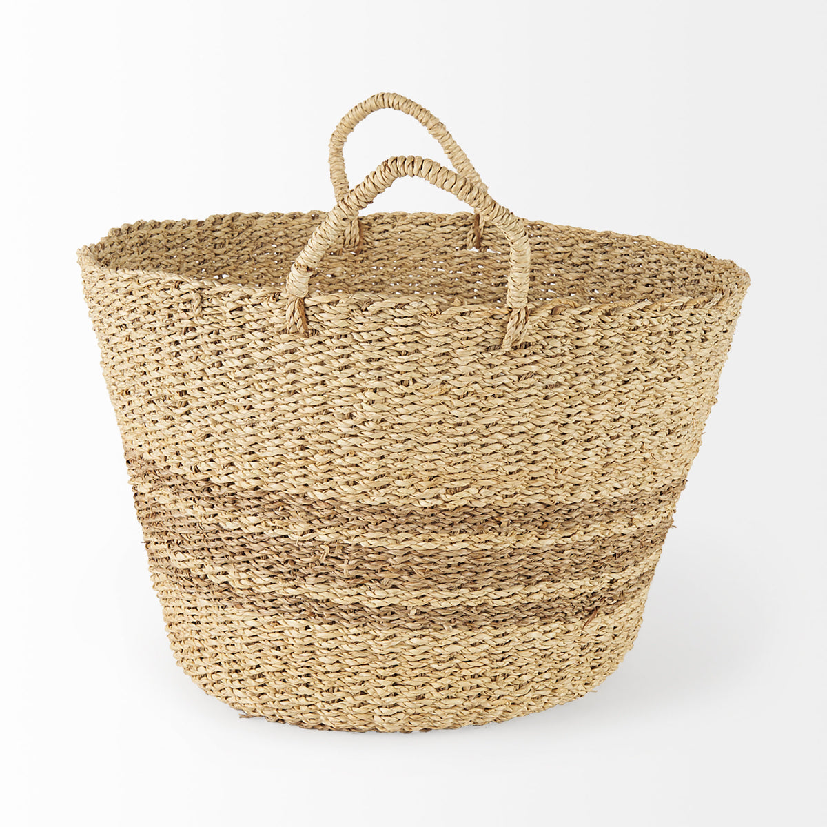 Vance 17.7L x 17.7W x 11.8H Light Brown Palm Leaf and Seagrass Round Basket W/ Handles-Decorative Baskets-DECOROLALA