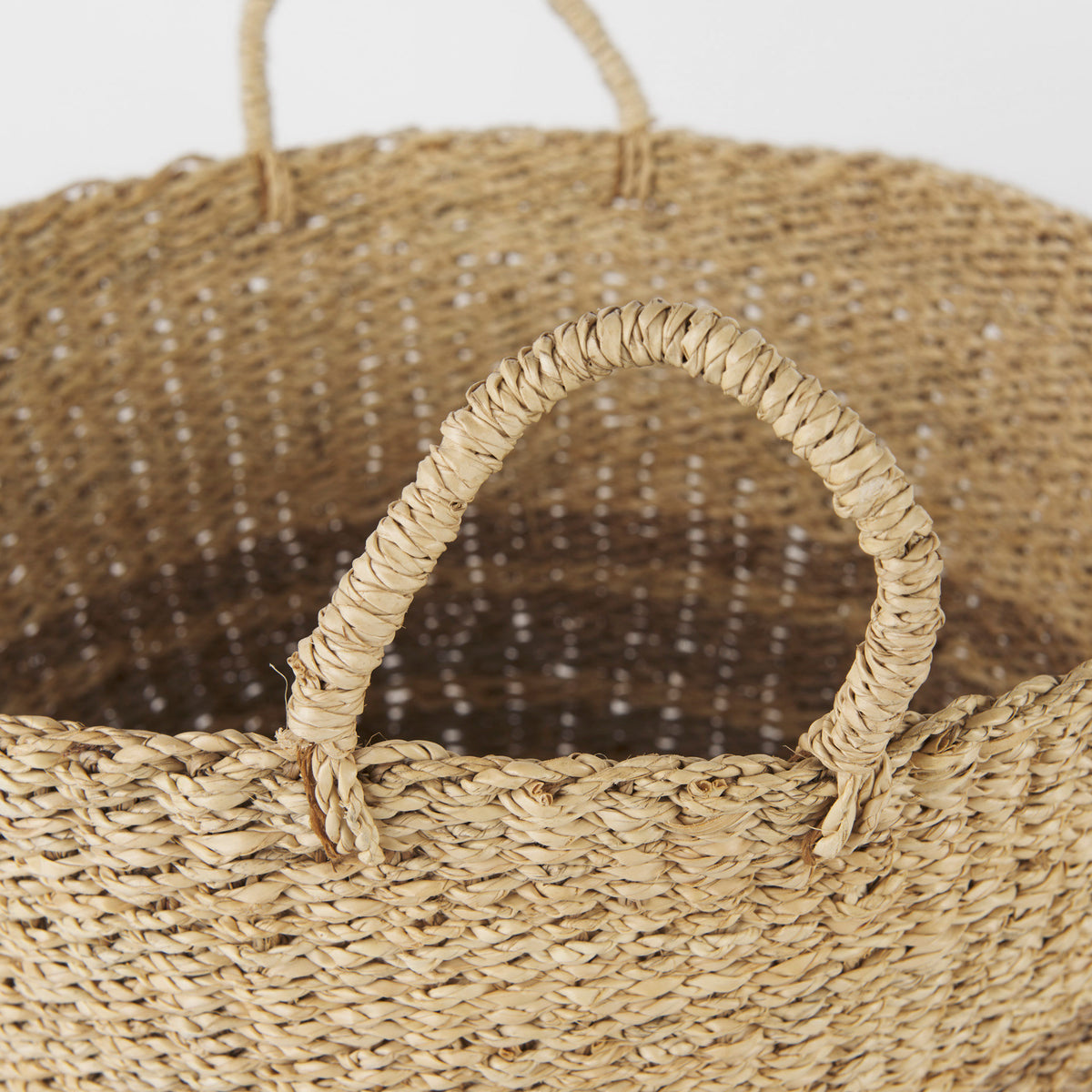 Vance 17.7L x 17.7W x 11.8H Light Brown Palm Leaf and Seagrass Round Basket W/ Handles-Decorative Baskets-DECOROLALA