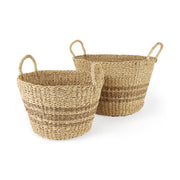 Vance 17.7L x 17.7W x 11.8H Light Brown Palm Leaf and Seagrass Round Basket W/ Handles-Decorative Baskets-DECOROLALA