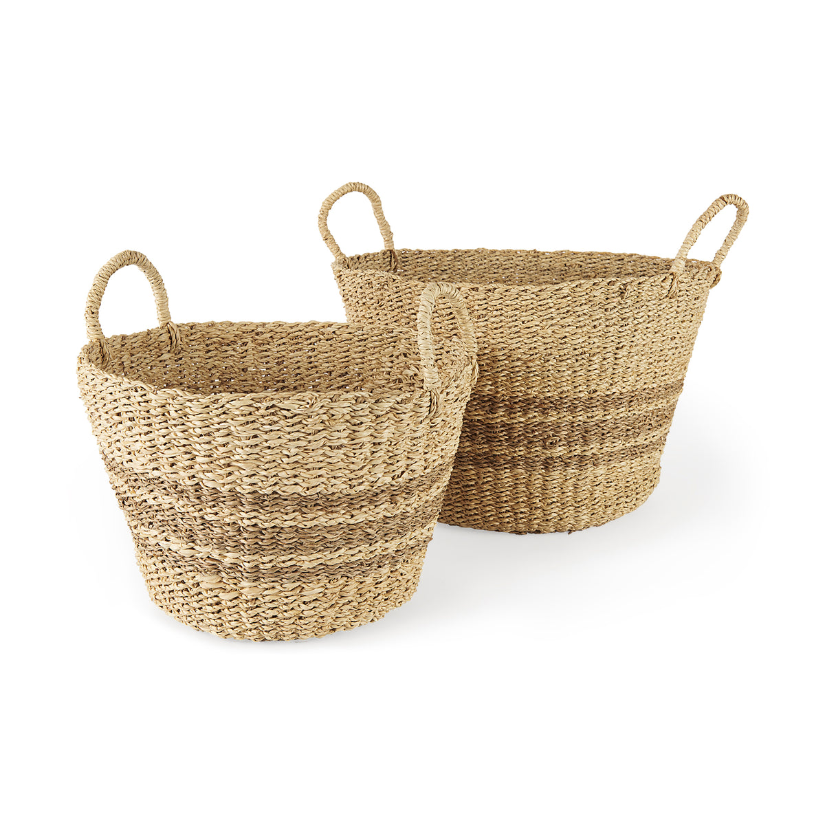 Vance 17.7L x 17.7W x 11.8H Light Brown Palm Leaf and Seagrass Round Basket W/ Handles-Decorative Baskets-DECOROLALA