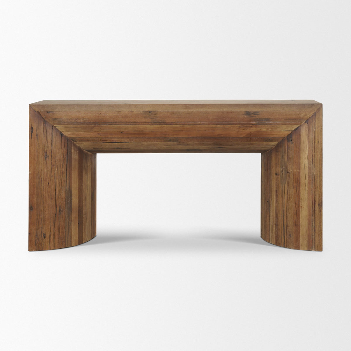 Vance Mid-Dark Brown Reclaimed Wood Rounded Console Table-Console Tables-DECOROLALA