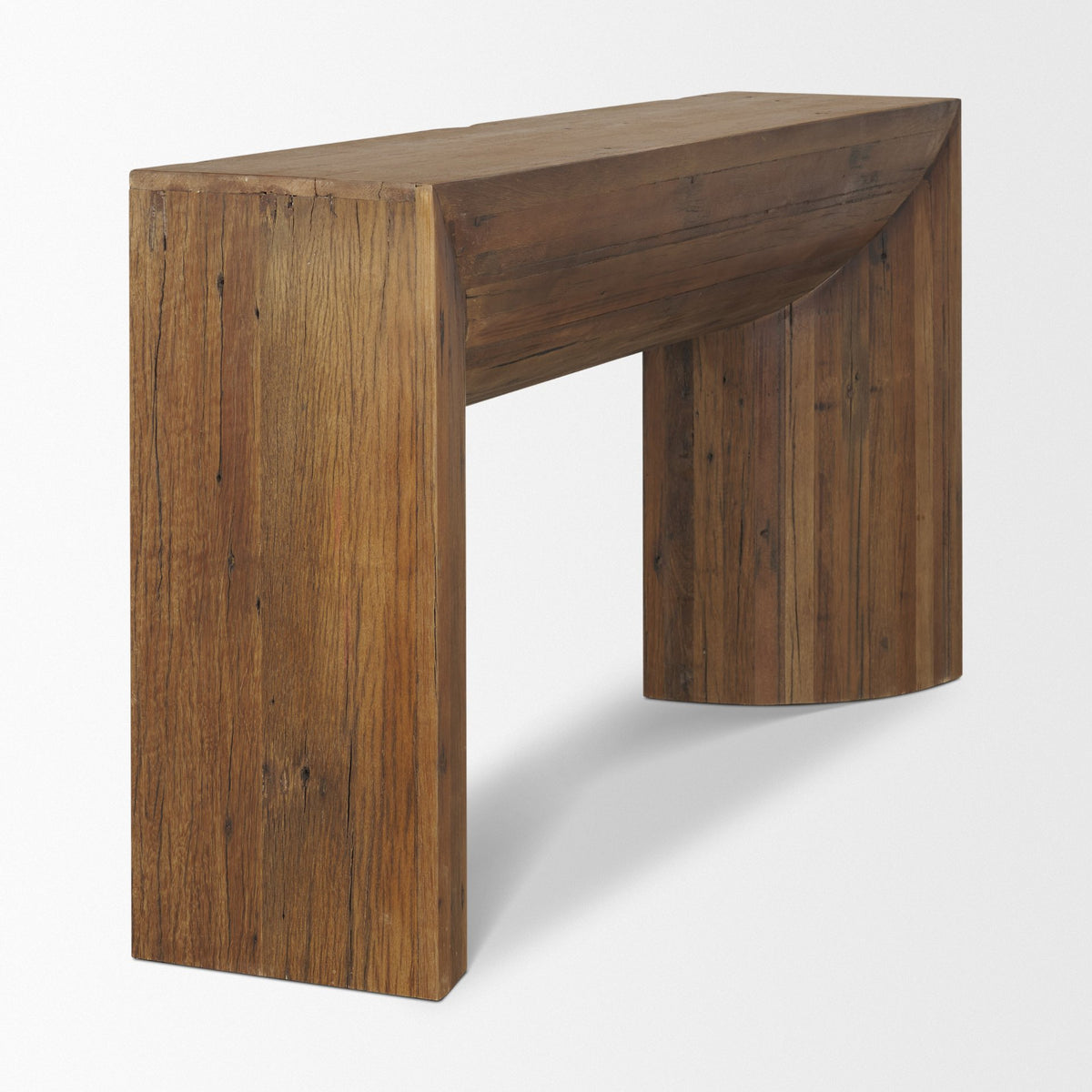 Vance Mid-Dark Brown Reclaimed Wood Rounded Console Table-Console Tables-DECOROLALA