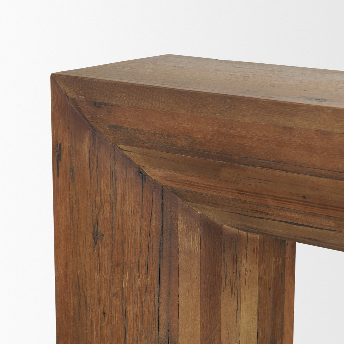 Vance Mid-Dark Brown Reclaimed Wood Rounded Console Table-Console Tables-DECOROLALA