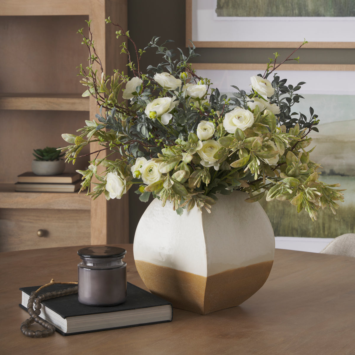 Vania Short Off White w/ Tan Textured Ceramic Vase-Vase-DECOROLALA