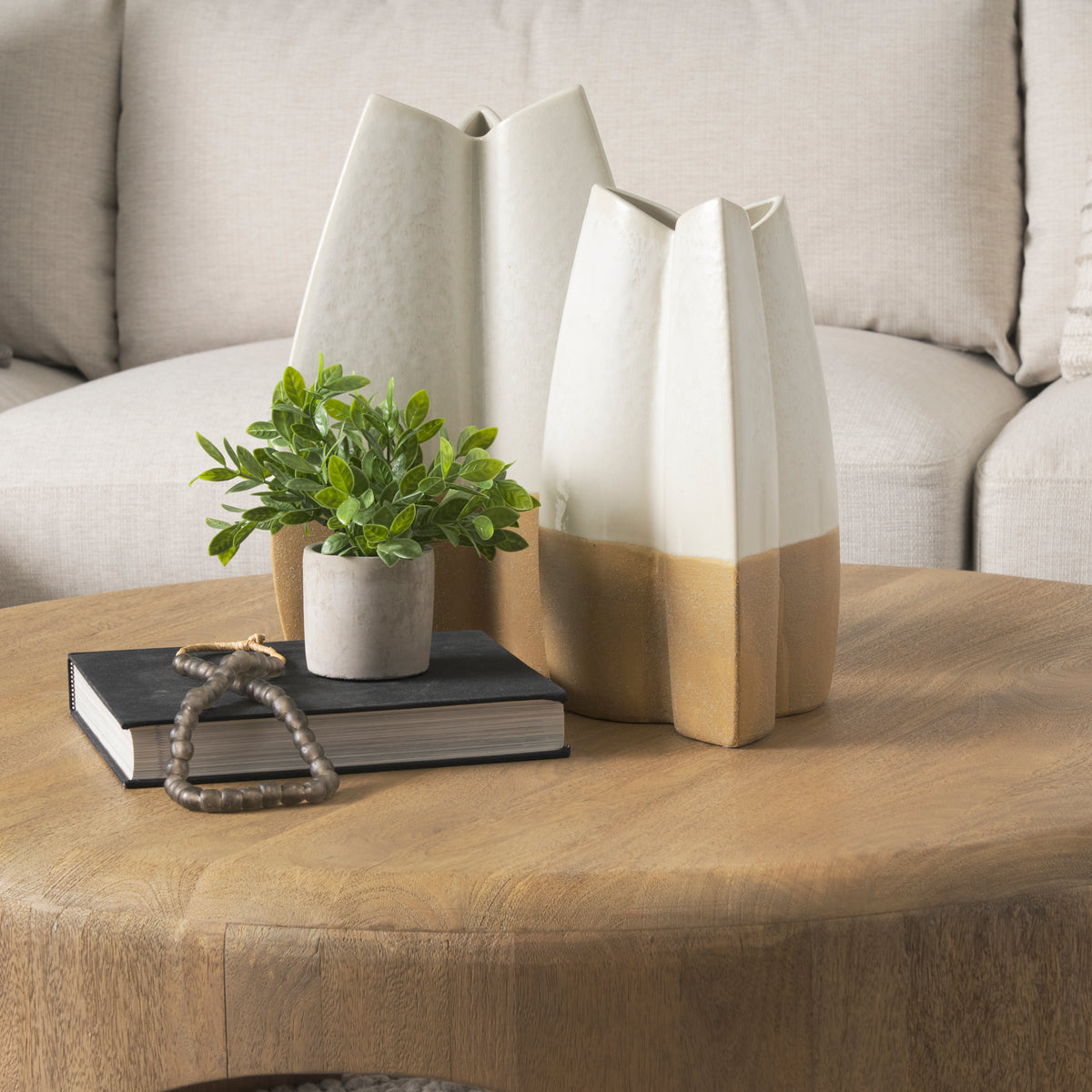 Vania Small Ceramic Vase - Off White and Tan-Vases-DECOROLALA