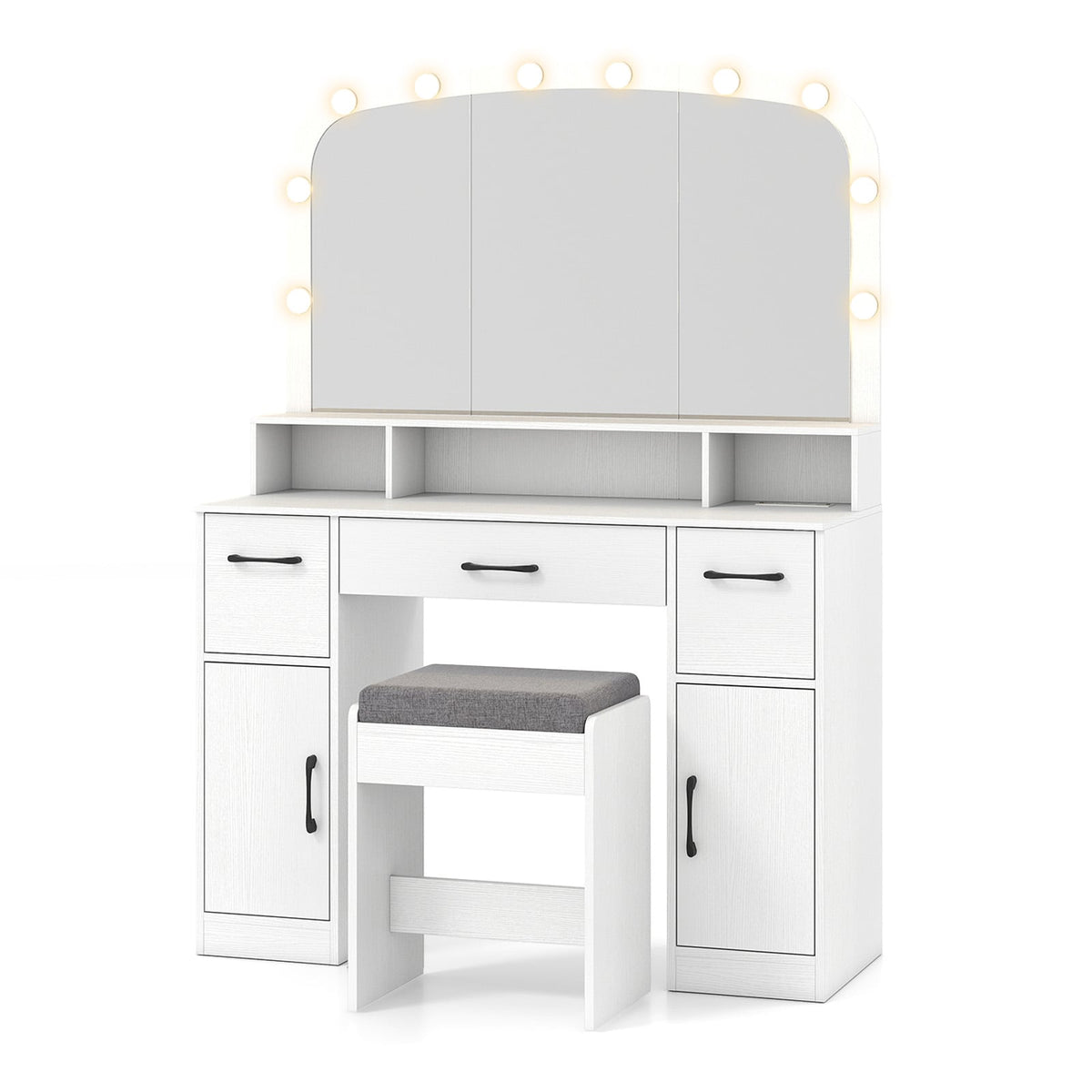 Vanity Desk Makeup Table with Stool 3-Color Lights and Charging Station-White-Makeup Vanities-DECOROLALA
