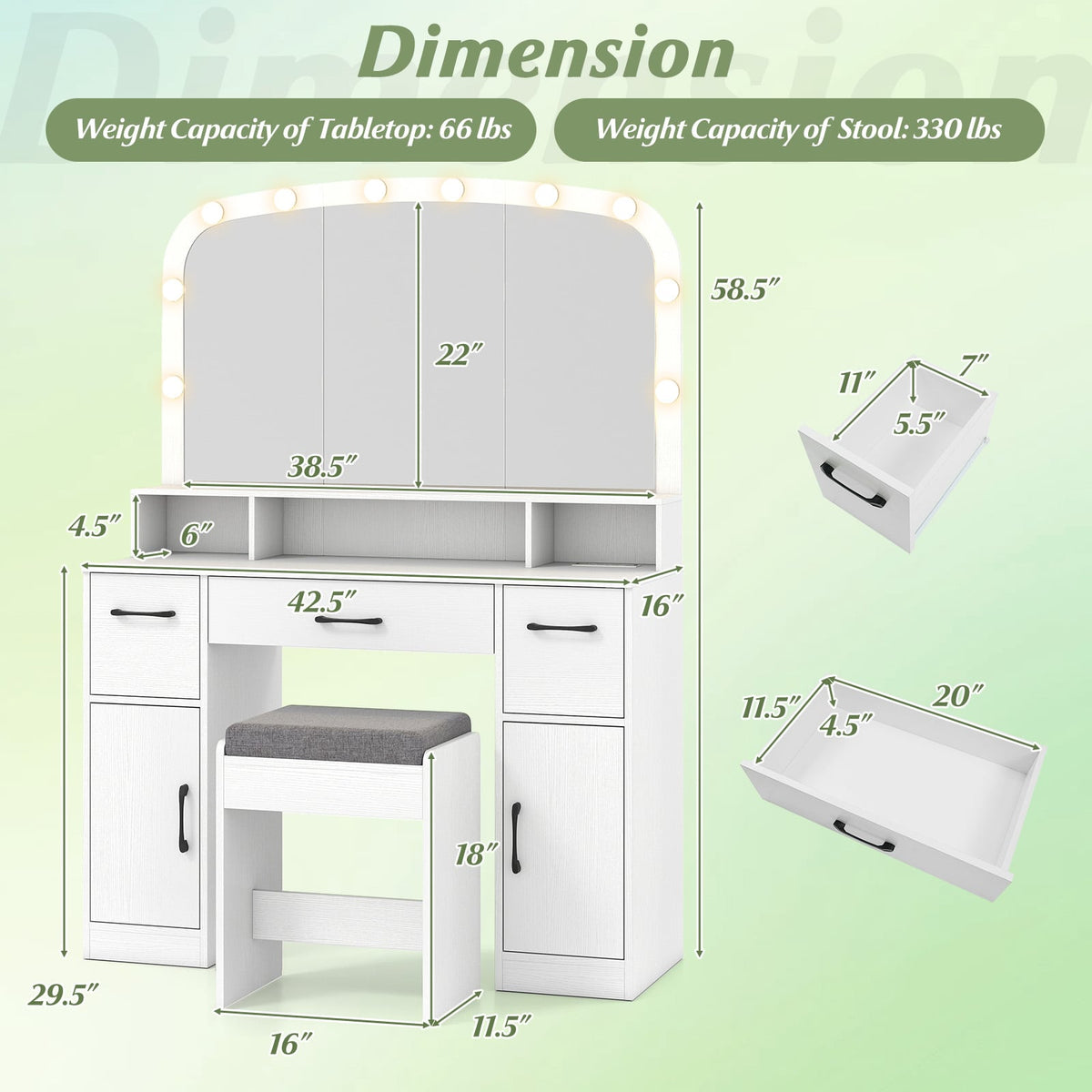 Vanity Desk Makeup Table with Stool 3-Color Lights and Charging Station-White-Makeup Vanities-DECOROLALA
