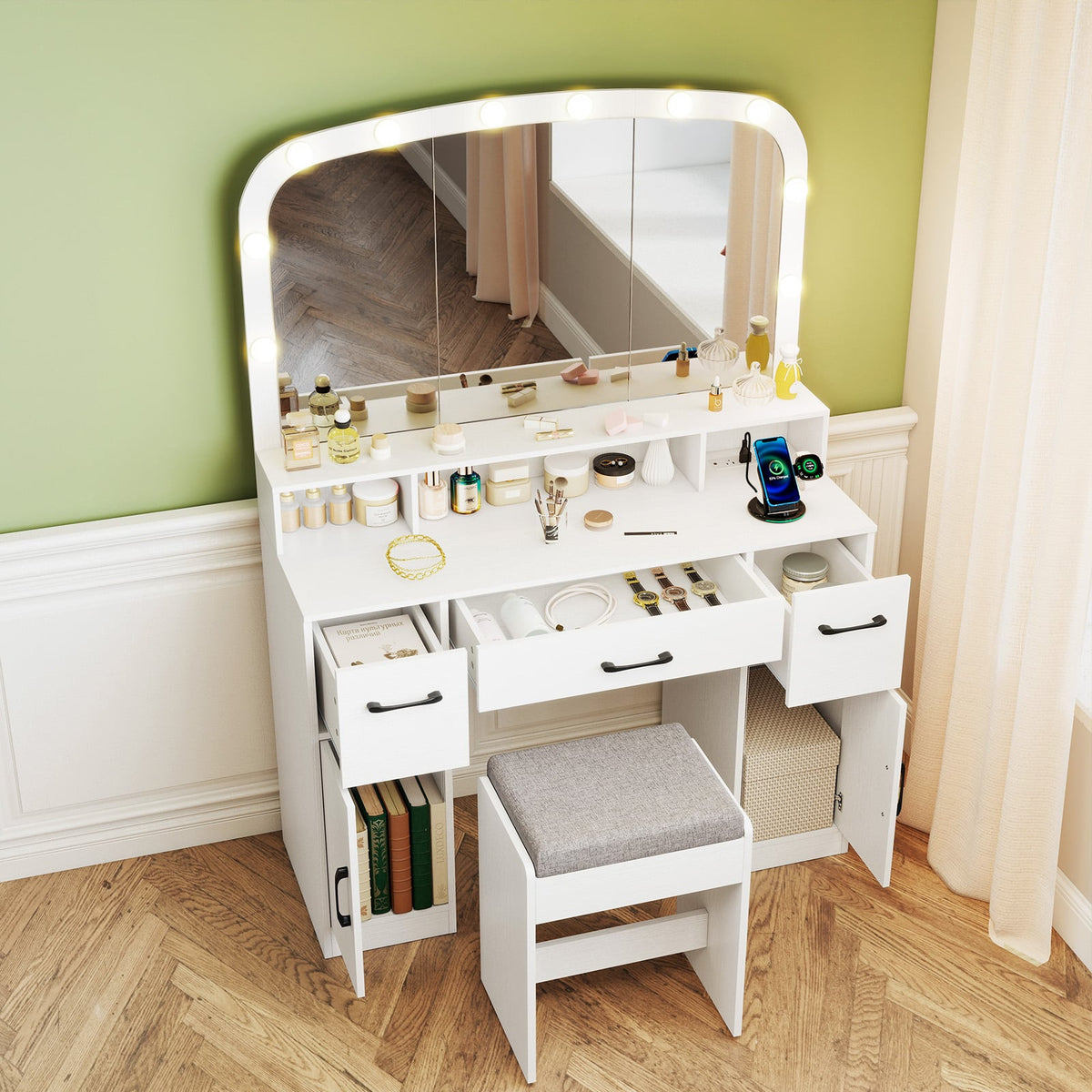 Vanity Desk Makeup Table with Stool 3-Color Lights and Charging Station-White-Makeup Vanities-DECOROLALA