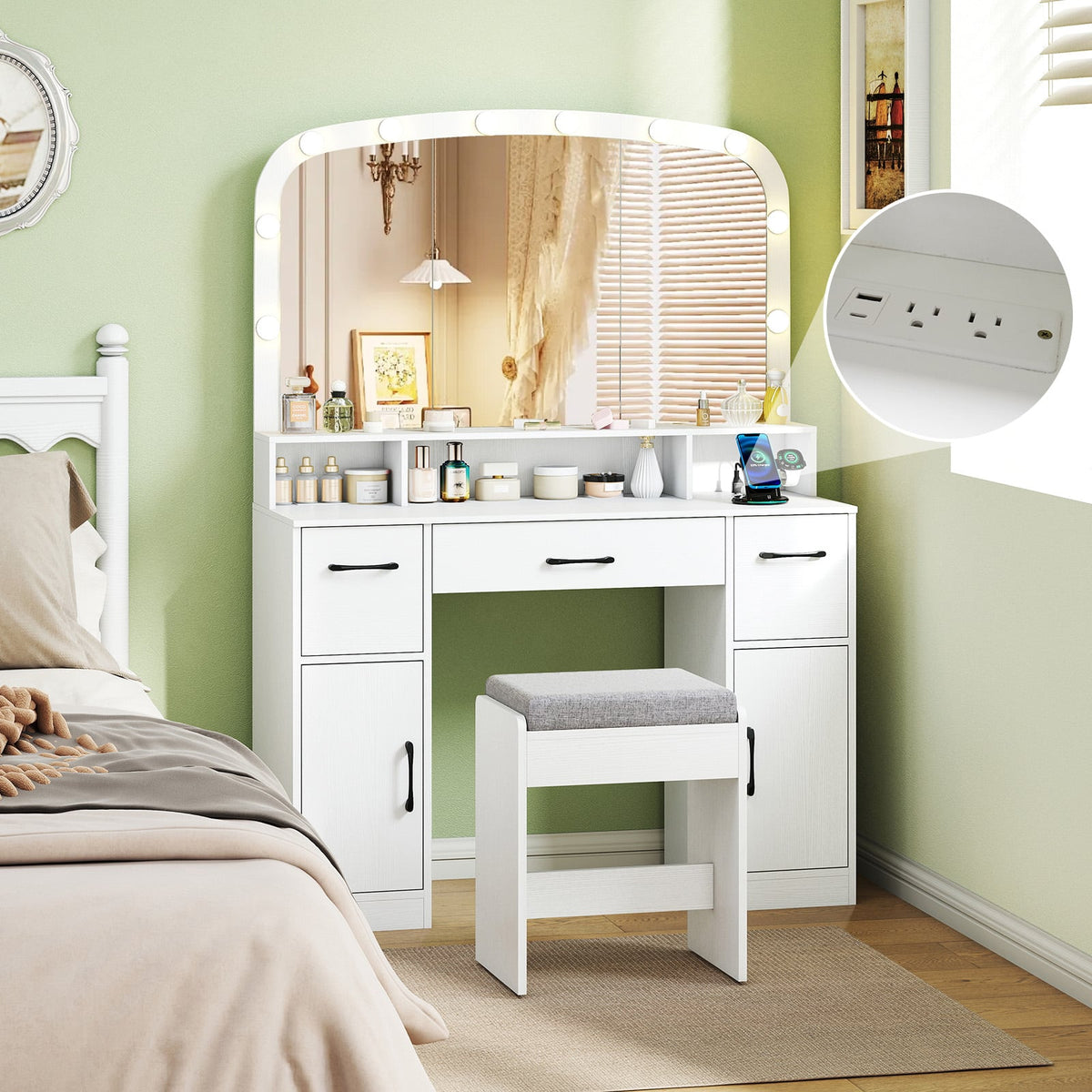 Vanity Desk Makeup Table with Stool 3-Color Lights and Charging Station-White-Makeup Vanities-DECOROLALA