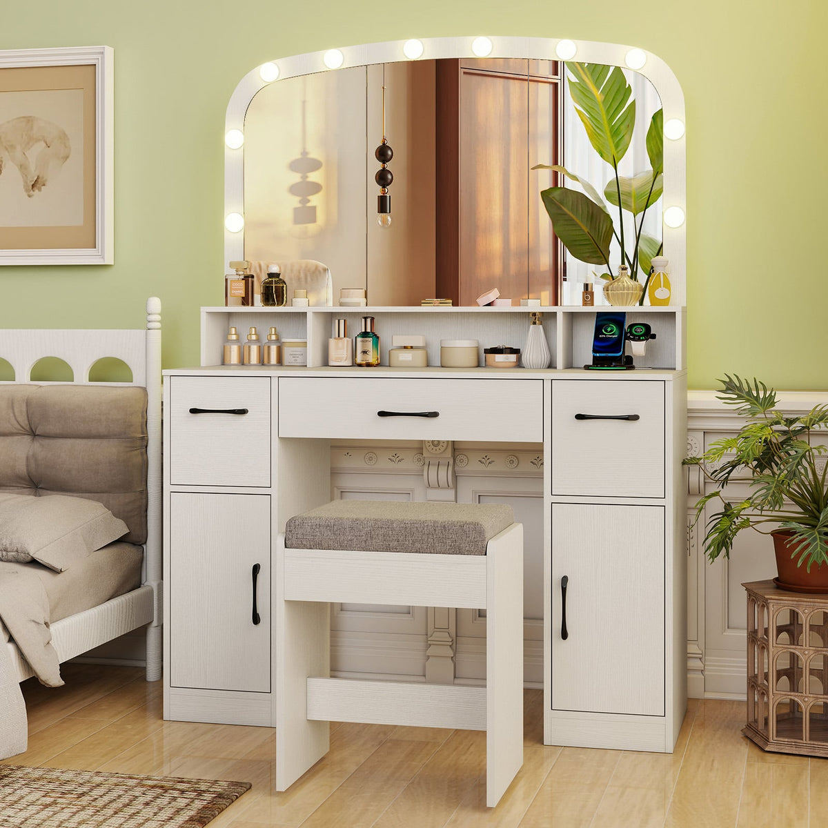 Vanity Desk Makeup Table with Stool 3-Color Lights and Charging Station-White-Makeup Vanities-DECOROLALA