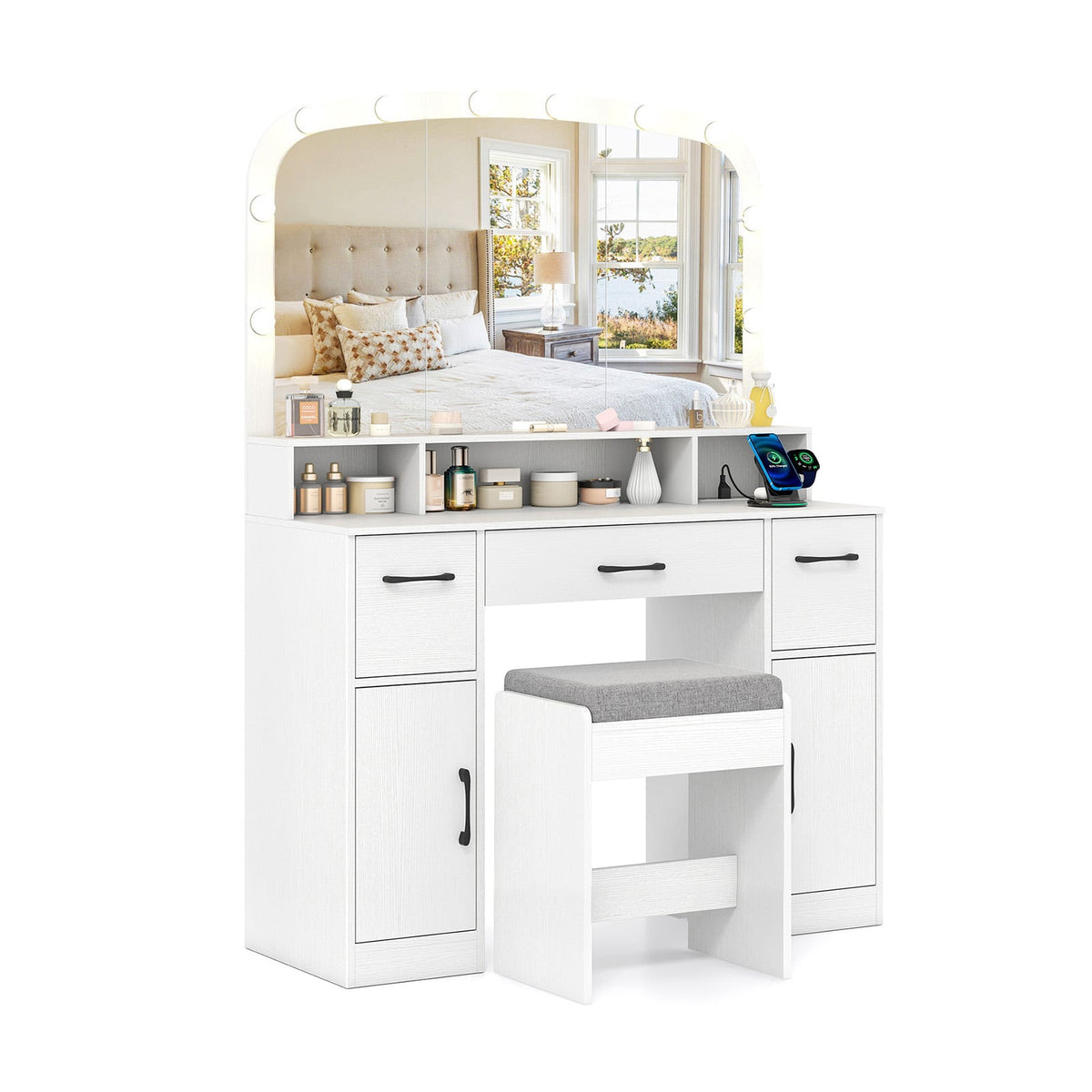 Vanity Desk Makeup Table with Stool 3-Color Lights and Charging Station-White-Makeup Vanities-DECOROLALA