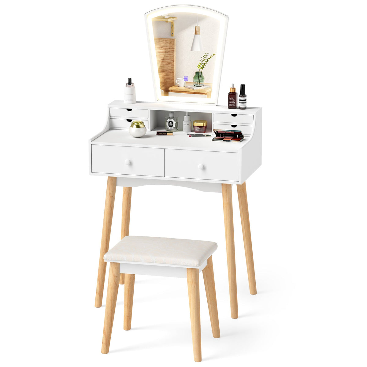 Vanity Desk Set with 3-Color Adjustable LED Lighted Mirror and Drawers-White-Makeup Vanities-DECOROLALA