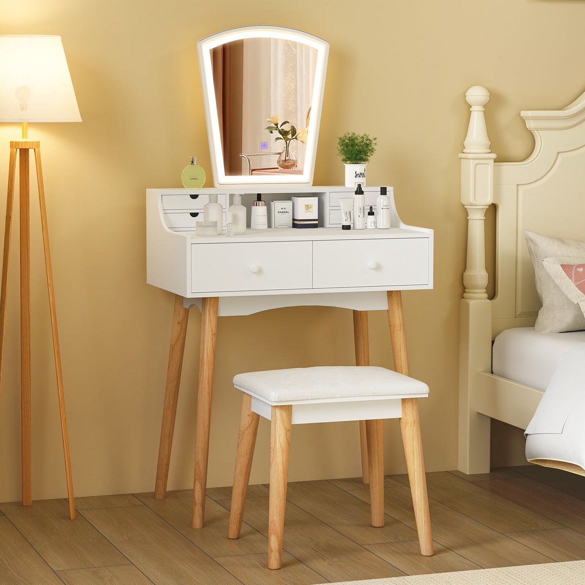 Vanity Desk Set with 3-Color Adjustable LED Lighted Mirror and Drawers-White-Makeup Vanities-DECOROLALA