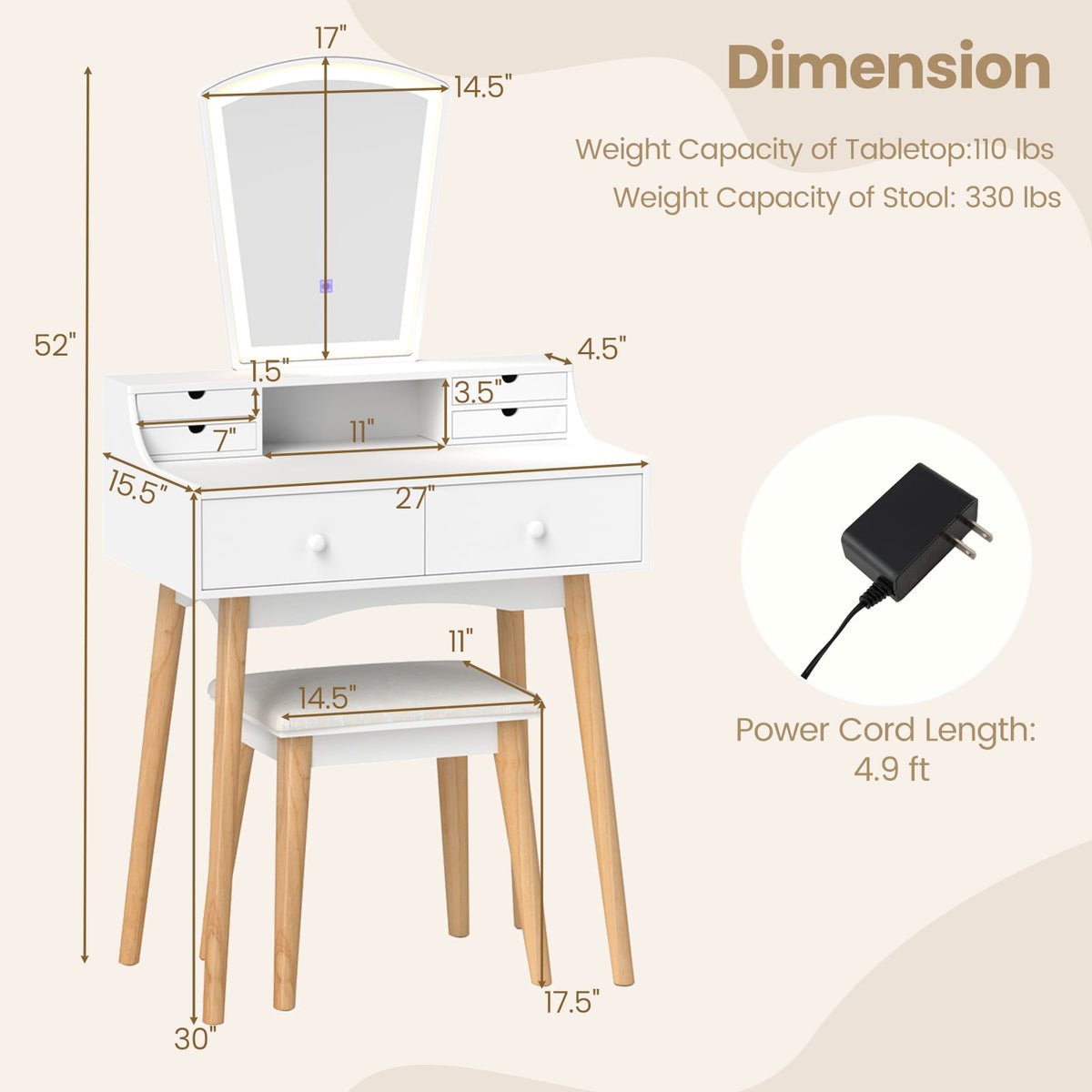 Vanity Desk Set with 3-Color Adjustable LED Lighted Mirror and Drawers-White-Makeup Vanities-DECOROLALA