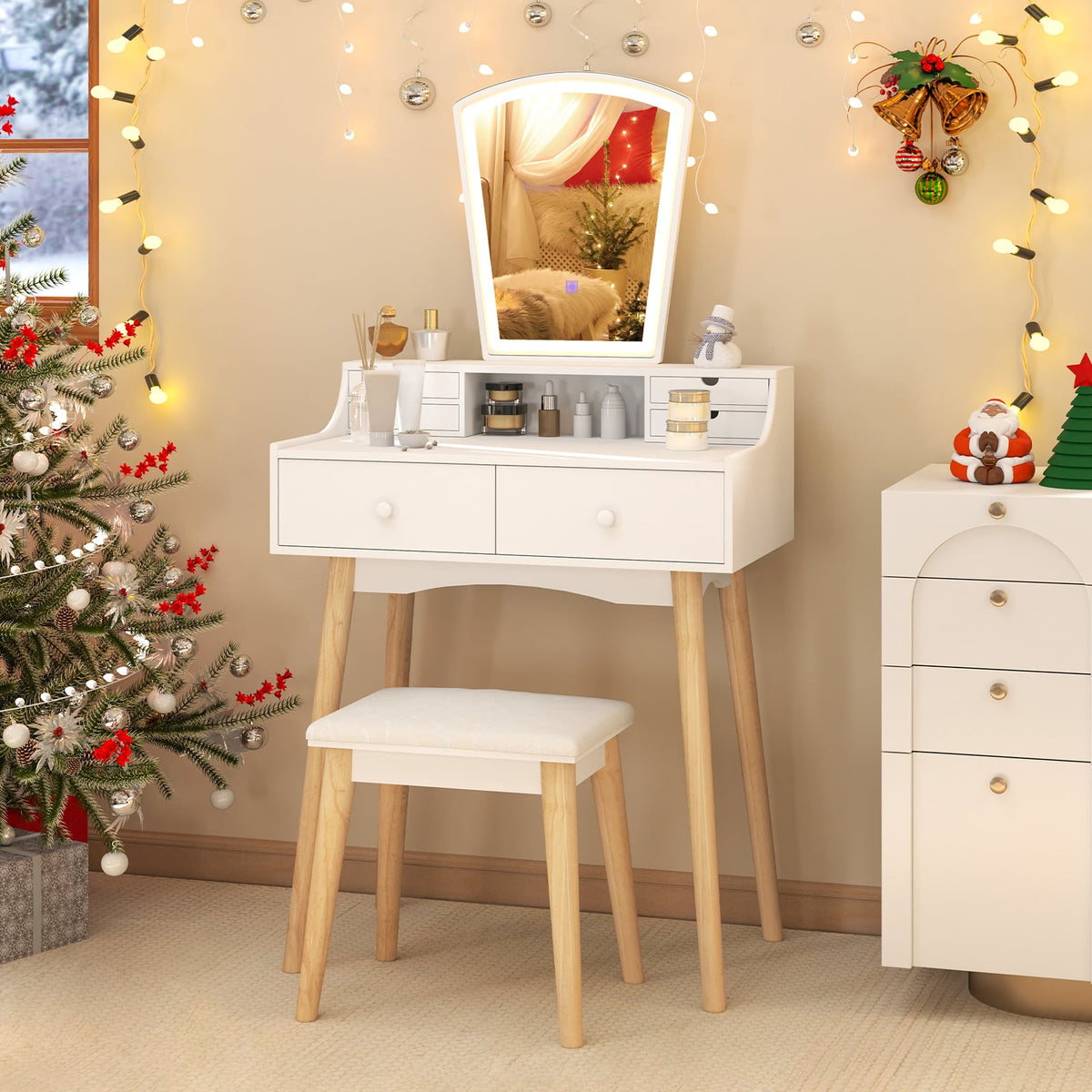 Vanity Desk Set with 3-Color Adjustable LED Lighted Mirror and Drawers-White-Makeup Vanities-DECOROLALA