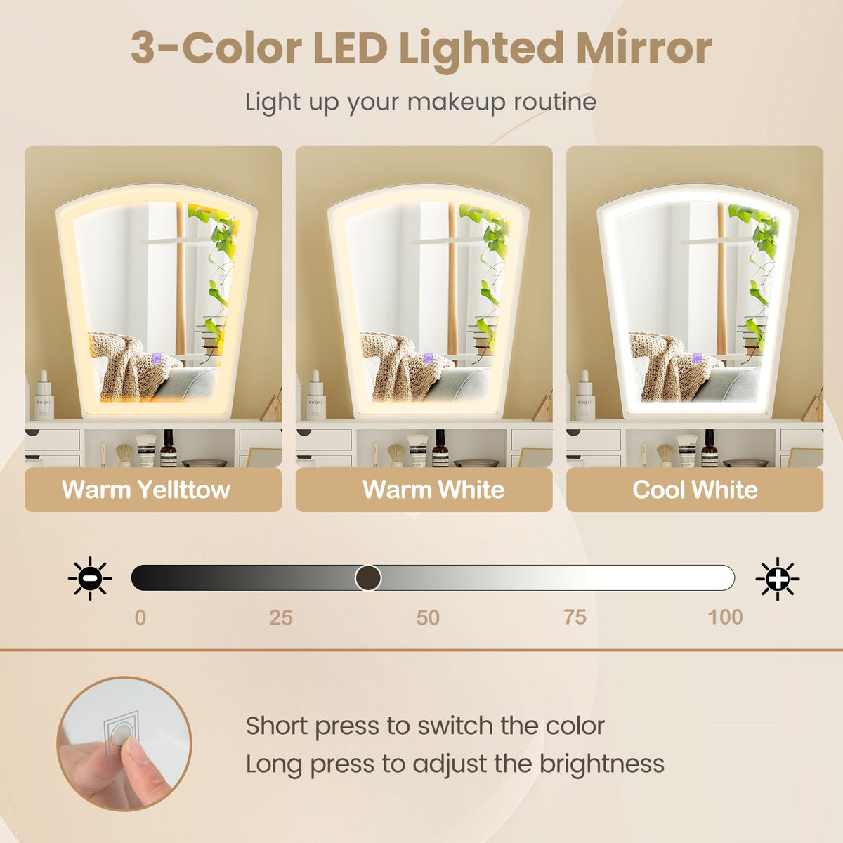 Vanity Desk Set with 3-Color Adjustable LED Lighted Mirror and Drawers-White-Makeup Vanities-DECOROLALA