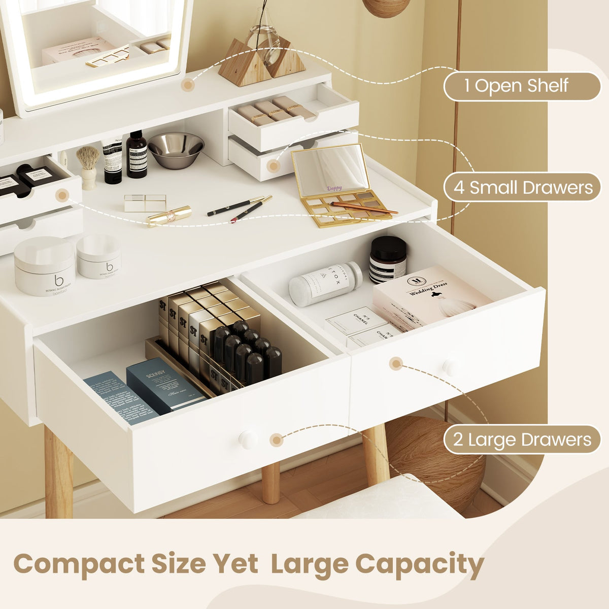 Vanity Desk Set with 3-Color Adjustable LED Lighted Mirror and Drawers-White-Makeup Vanities-DECOROLALA