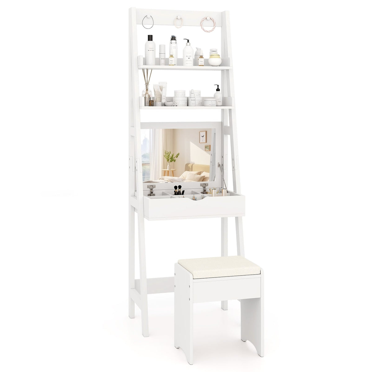 Vanity Desk Set with Flip Top Mirror Hidden Storage Compartments and Cushioned Stool-White-Makeup Vanities-DECOROLALA