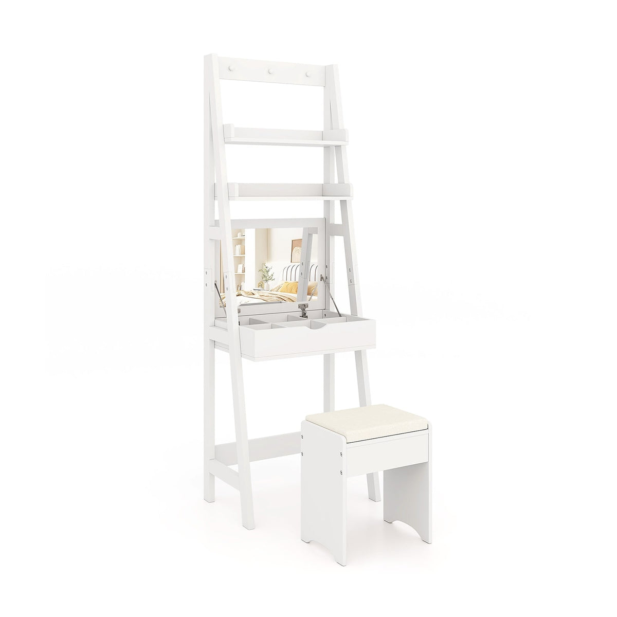 Vanity Desk Set with Flip Top Mirror Hidden Storage Compartments and Cushioned Stool-White-Makeup Vanities-DECOROLALA