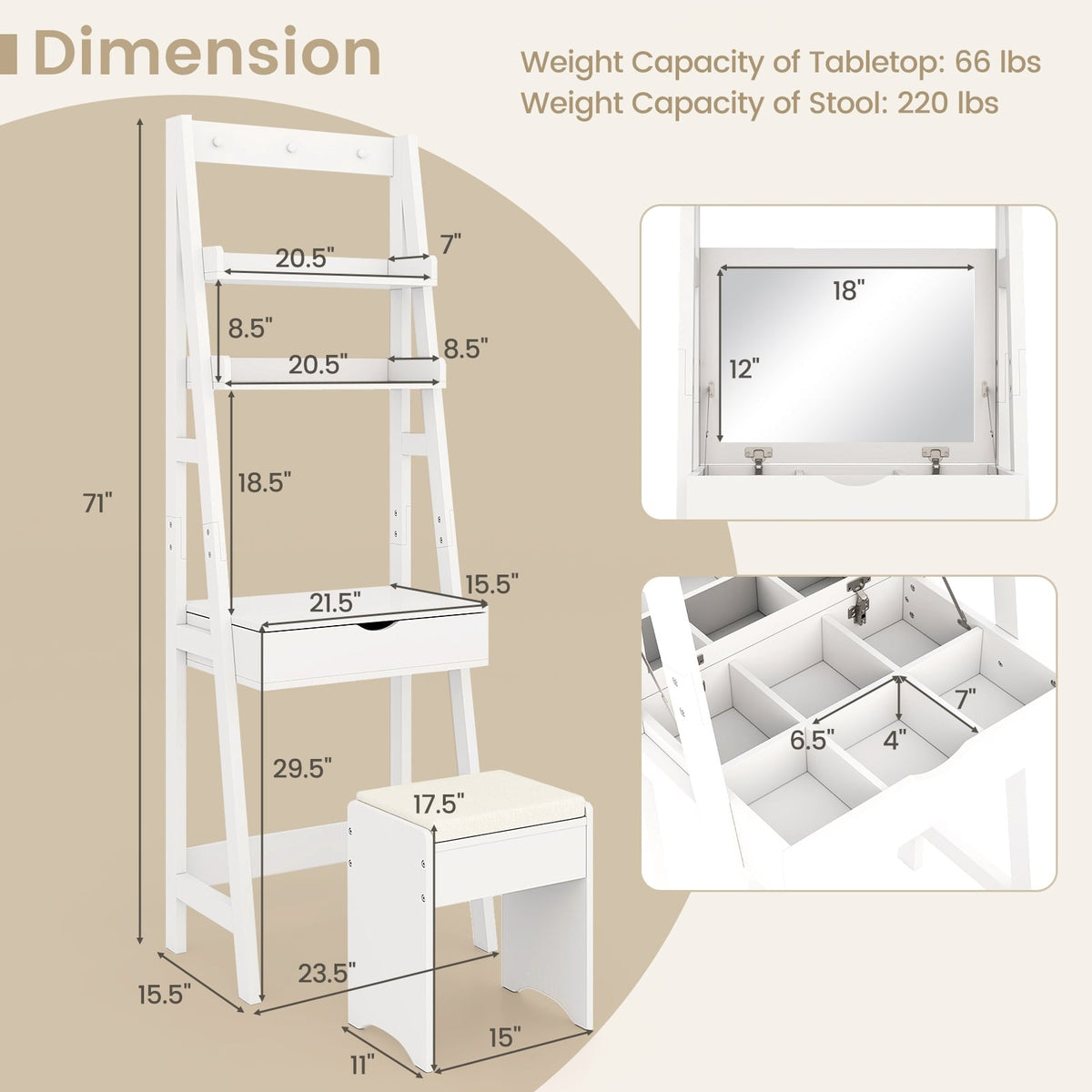 Vanity Desk Set with Flip Top Mirror Hidden Storage Compartments and Cushioned Stool-White-Makeup Vanities-DECOROLALA