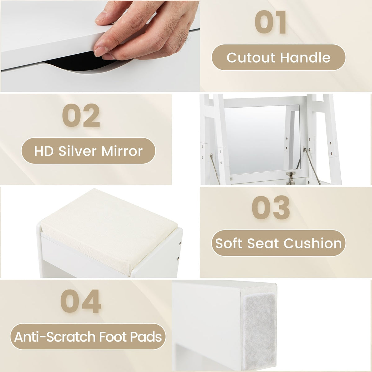 Vanity Desk Set with Flip Top Mirror Hidden Storage Compartments and Cushioned Stool-White-Makeup Vanities-DECOROLALA