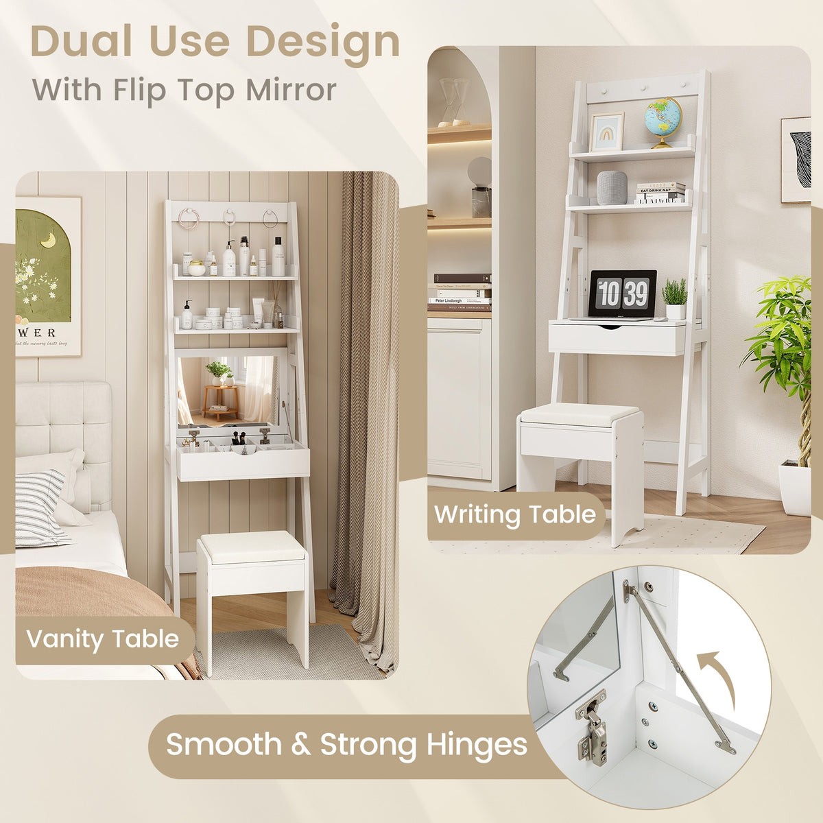 Vanity Desk Set with Flip Top Mirror Hidden Storage Compartments and Cushioned Stool-White-Makeup Vanities-DECOROLALA