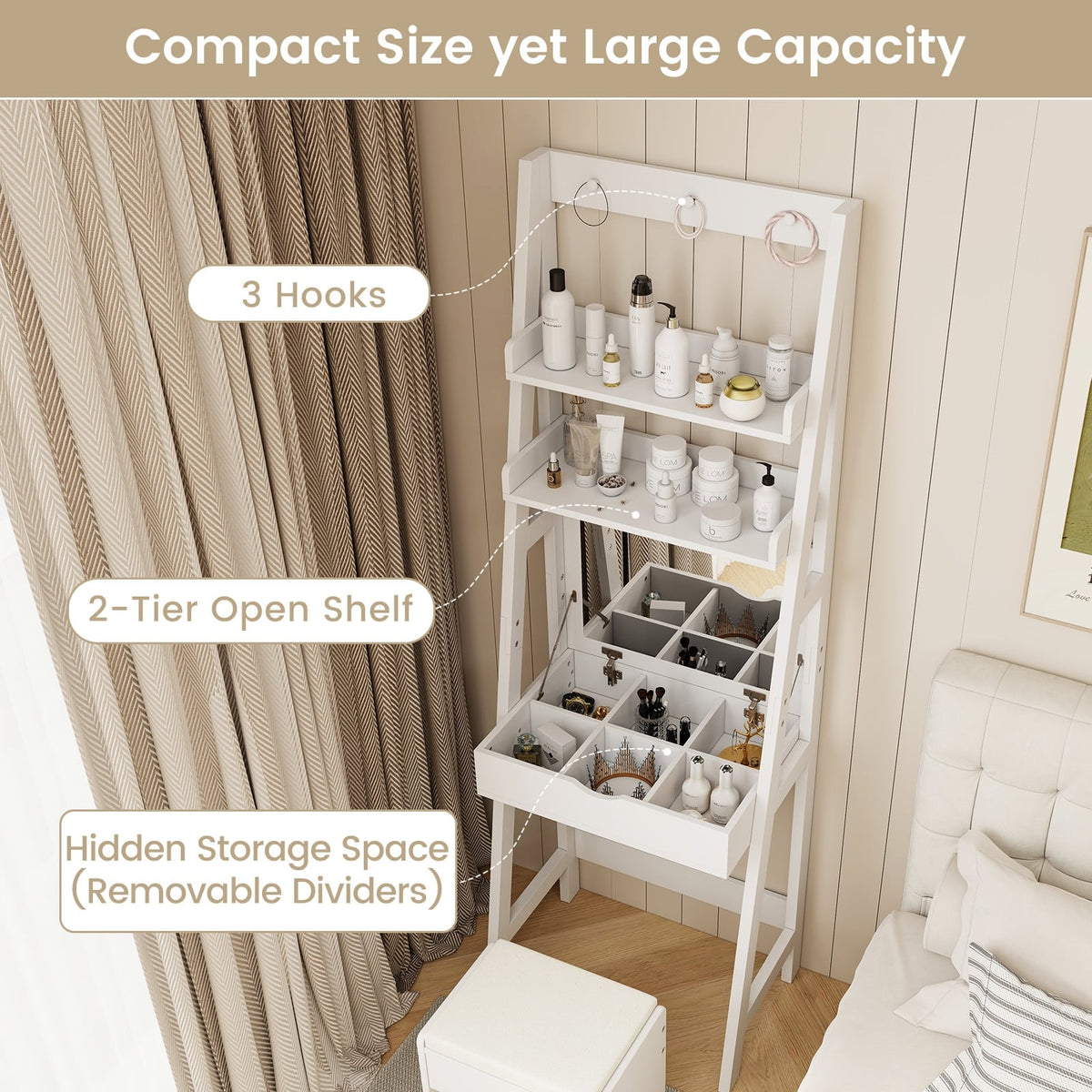 Vanity Desk Set with Flip Top Mirror Hidden Storage Compartments and Cushioned Stool-White-Makeup Vanities-DECOROLALA