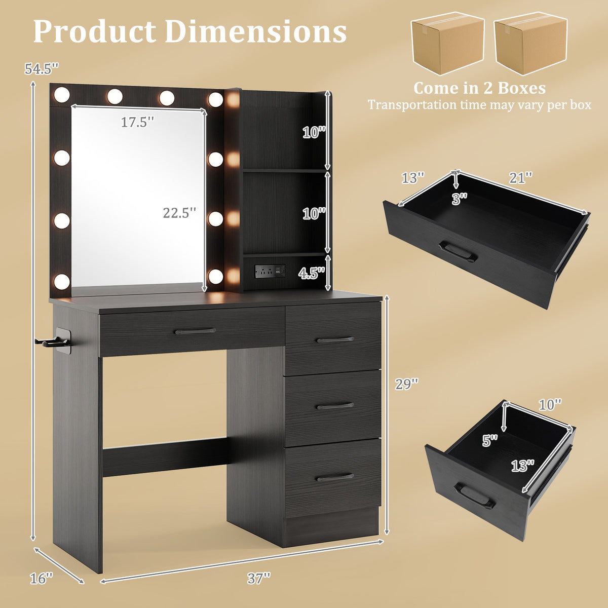 Vanity Desk with 3-Color Lights and Power Outlets-Black-Makeup Vanities-DECOROLALA