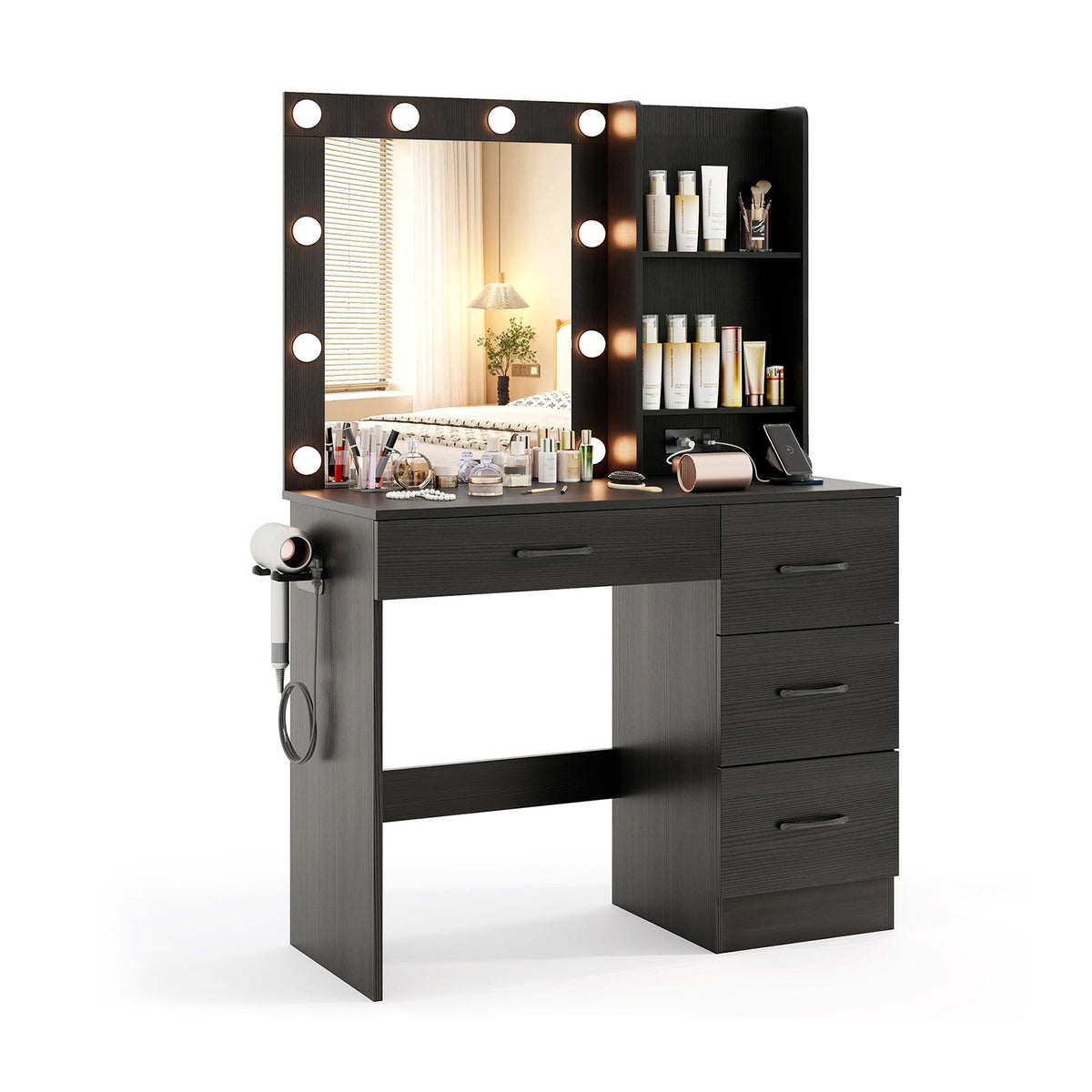 Vanity Desk with 3-Color Lights and Power Outlets-Black-Makeup Vanities-DECOROLALA
