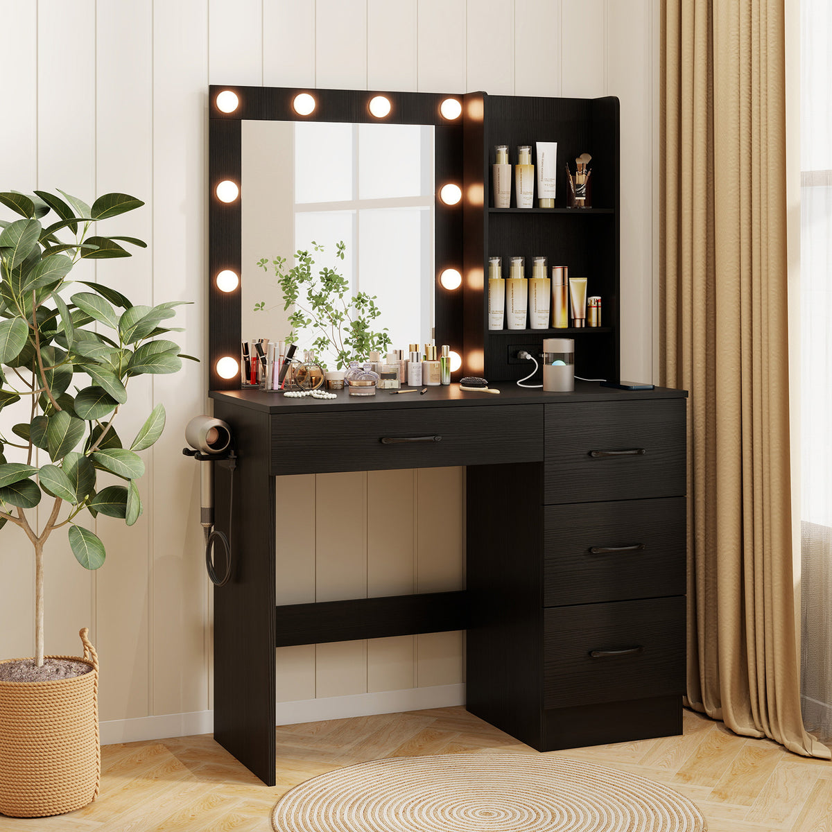 Vanity Desk with 3-Color Lights and Power Outlets-Black-Makeup Vanities-DECOROLALA