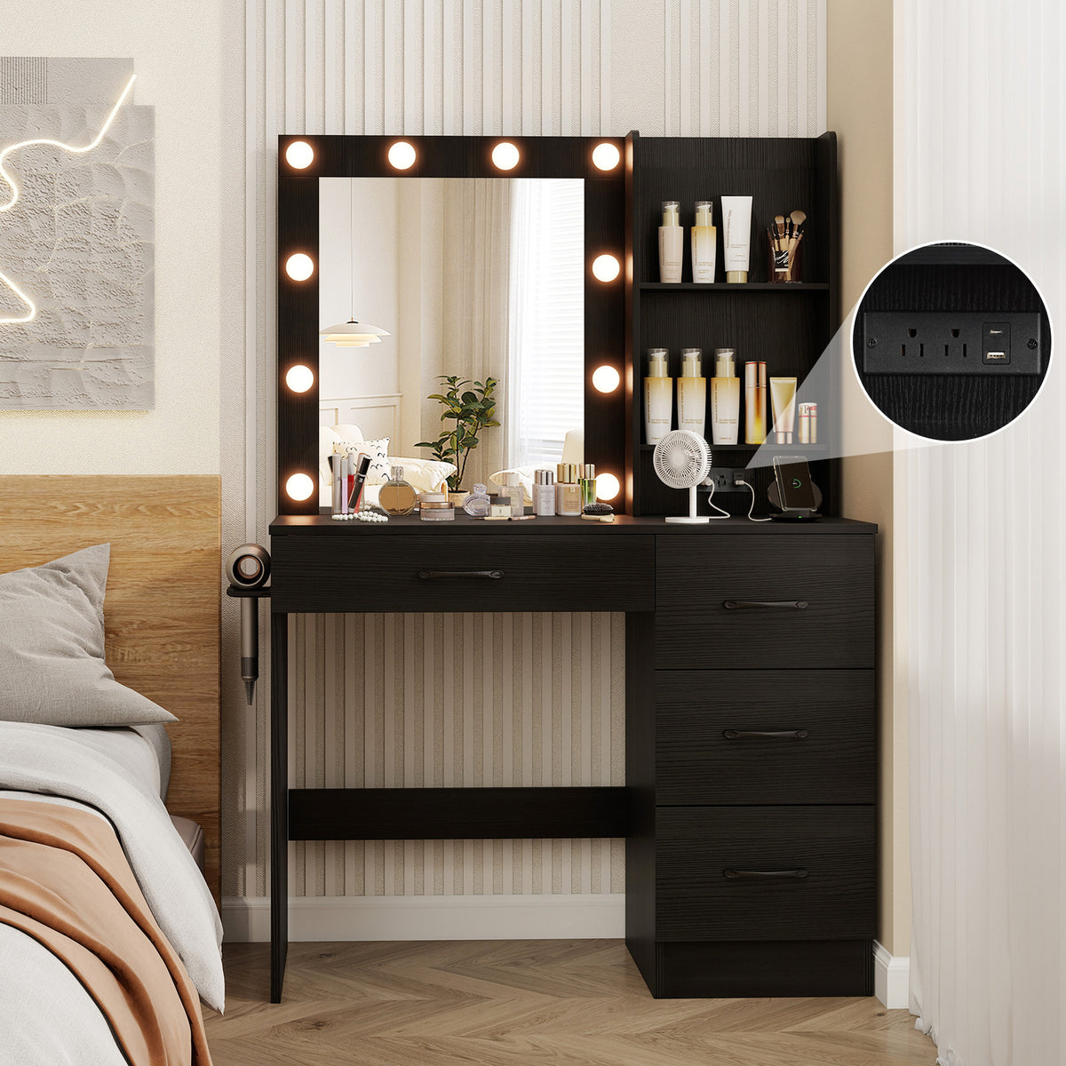 Vanity Desk with 3-Color Lights and Power Outlets-Black-Makeup Vanities-DECOROLALA
