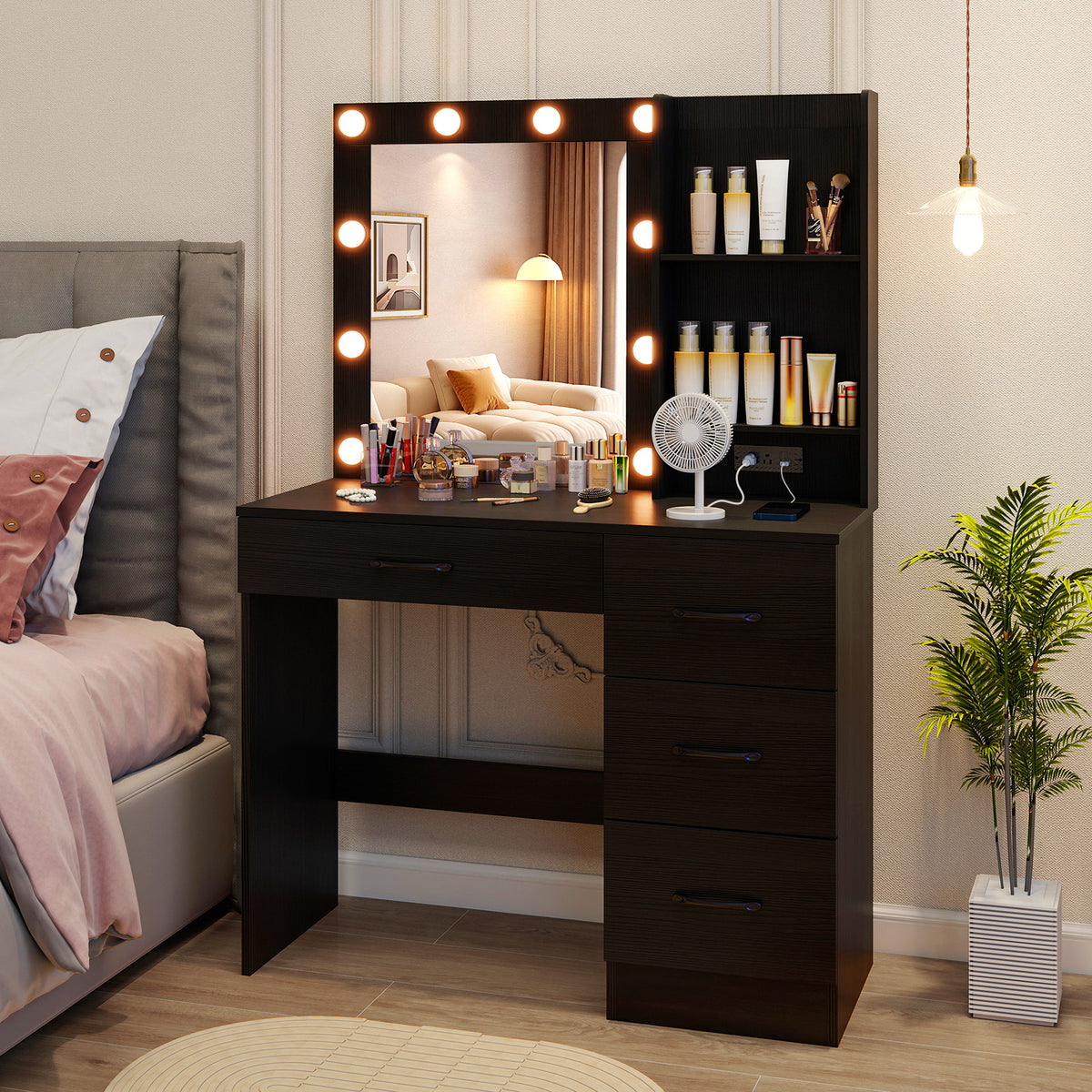 Vanity Desk with 3-Color Lights and Power Outlets-Black-Makeup Vanities-DECOROLALA
