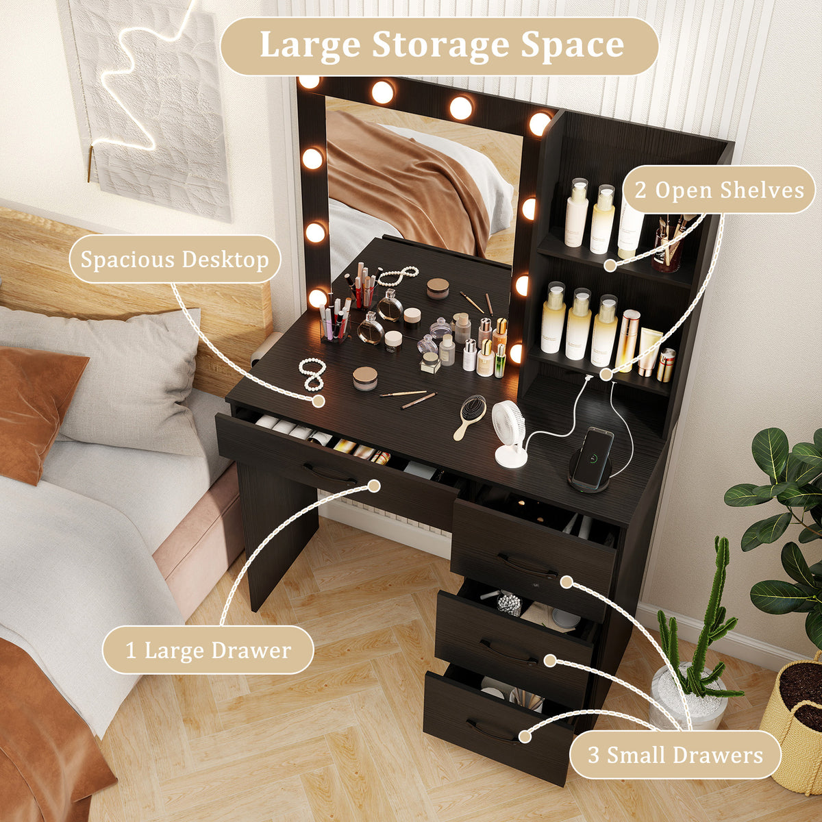 Vanity Desk with 3-Color Lights and Power Outlets-Black-Makeup Vanities-DECOROLALA