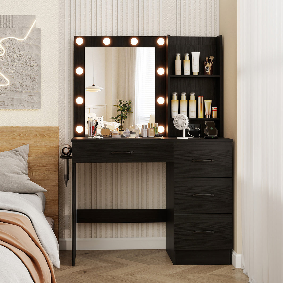 Vanity Desk with 3-Color Lights and Power Outlets-Black-Makeup Vanities-DECOROLALA