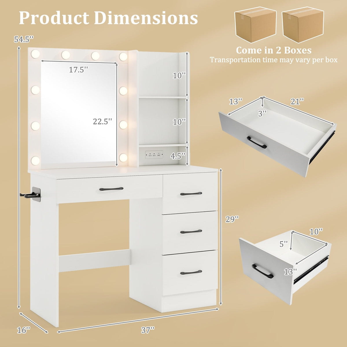Vanity Desk with 3-Color Lights and Power Outlets-White-Makeup Vanities-DECOROLALA