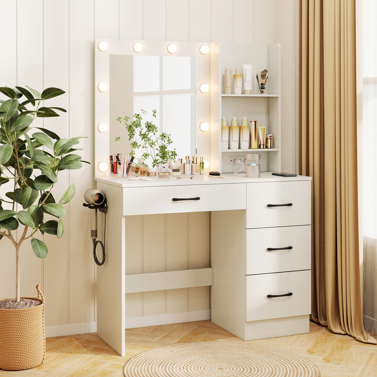 Vanity Desk with 3-Color Lights and Power Outlets-White-Makeup Vanities-DECOROLALA